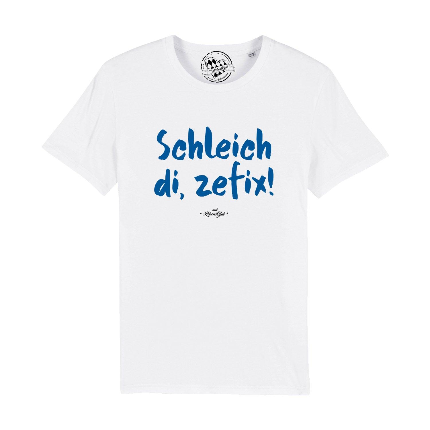 Schwarzes Herren-T-Shirt mit weißem Front-Schriftzug „Schleich di, zefix!“, aus 100 % Bio-Baumwolle.