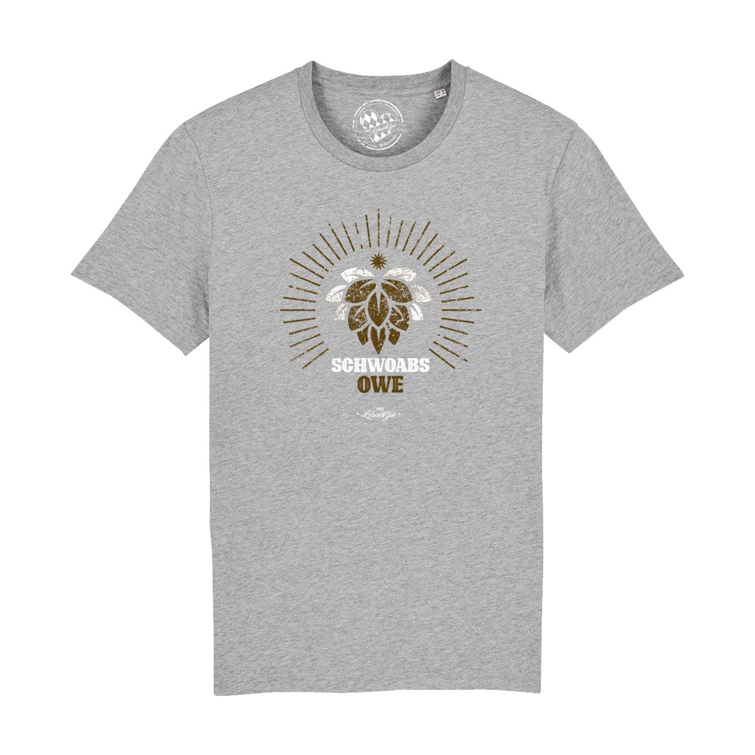 Herren T-Shirt in Schwarz mit weißem Schriftzug „Schwoabs owe“, Rundhalsausschnitt, 100 % Bio-Baumwolle, gerade Form.