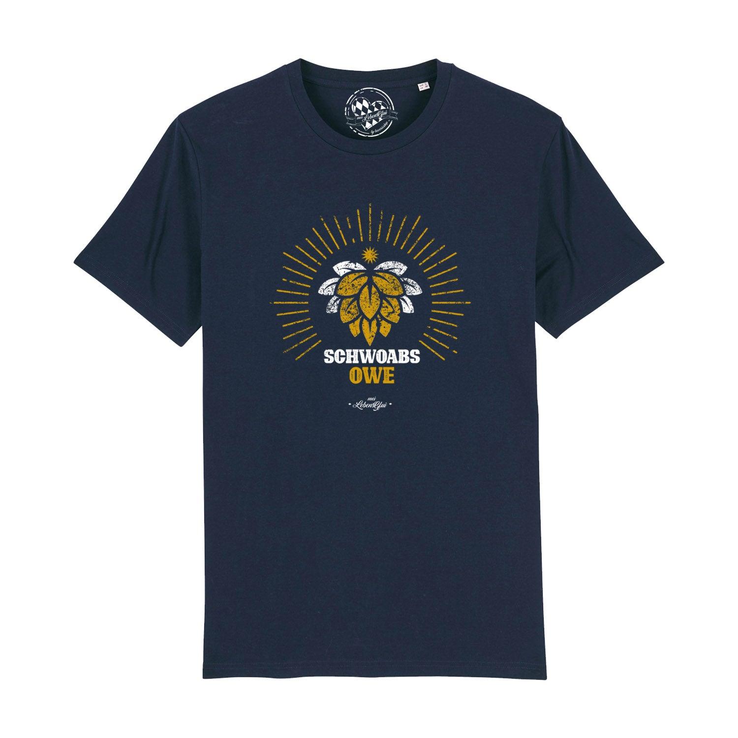 Schwarzes Herren-T-Shirt mit weißem Schriftzug „Schwoabs owe“, Rundhalsausschnitt, 100 % Bio-Baumwolle.