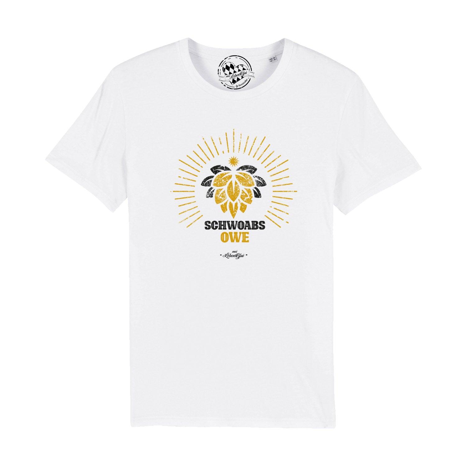Schwarzes Herren-T-Shirt mit weißem „Schwoabs owe“-Schriftzug, Rundhals, aus 100 % Bio-Baumwolle, 180 g/m².