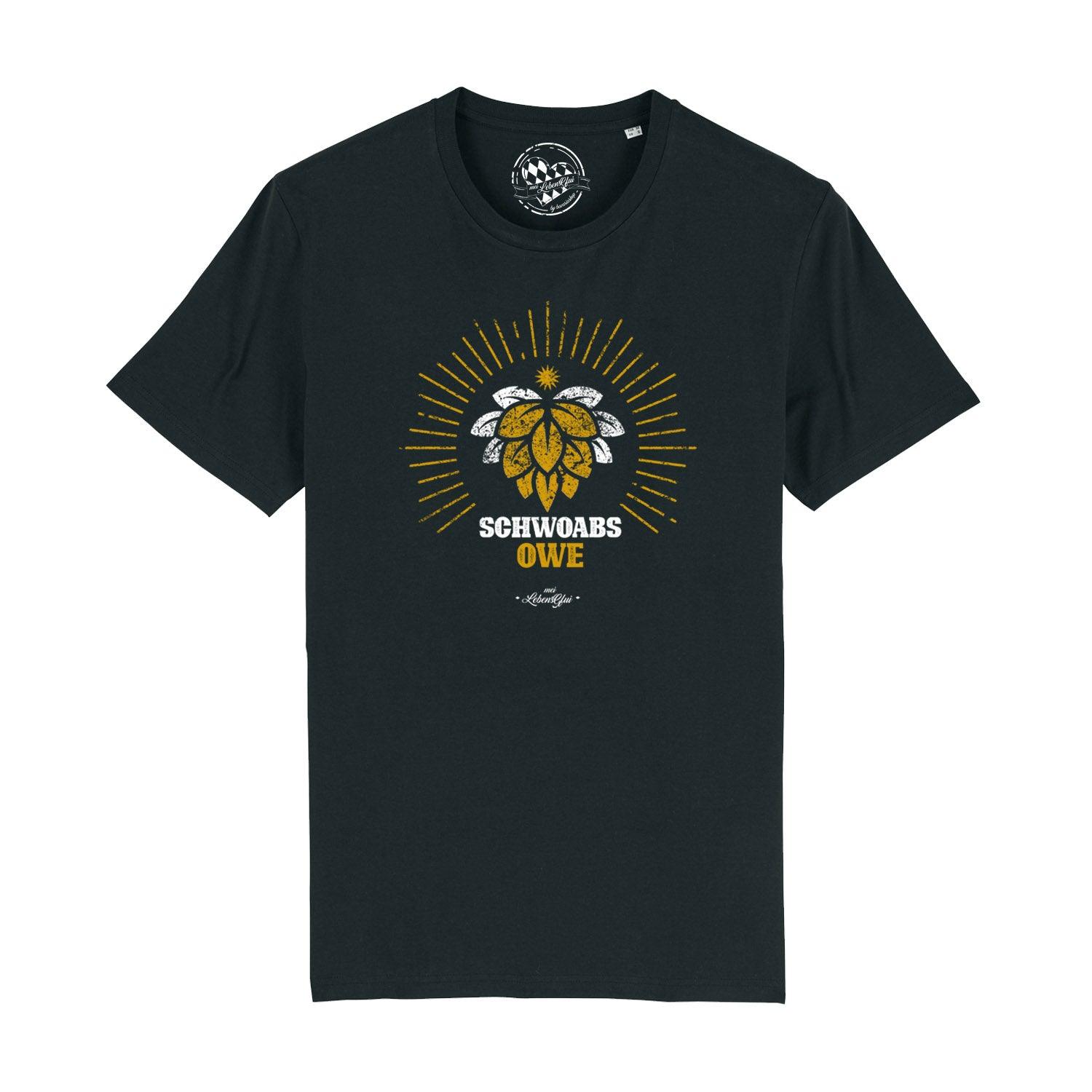 Schwarzes Herren-T-Shirt mit weißem Aufdruck „Schwoabs owe“, Rundhalsausschnitt, aus 100 % Bio-Baumwolle.