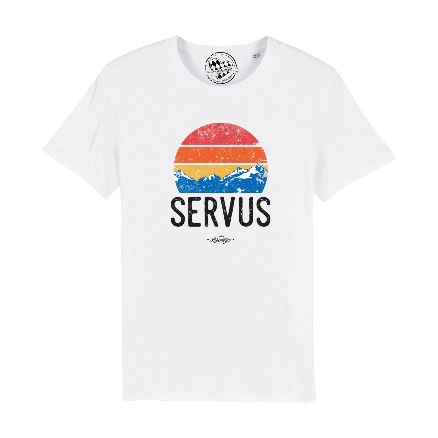 Graues Herren-T-Shirt mit weißem "Servus"-Schriftzug, Rundhalsausschnitt, aus 100 % Bio-Baumwolle.