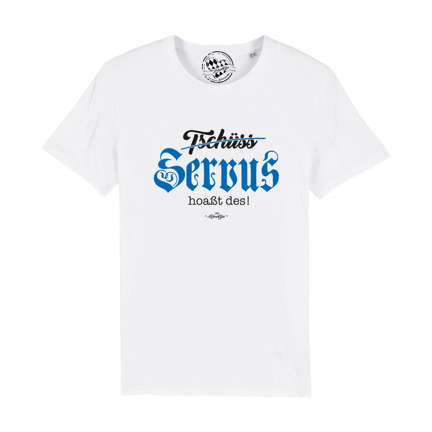 Herren T-Shirt in Schwarz mit weißem Frontprint „Servus hoaßt des!“, Rundhals, 100 % Bio-Baumwolle, kurzarm.
