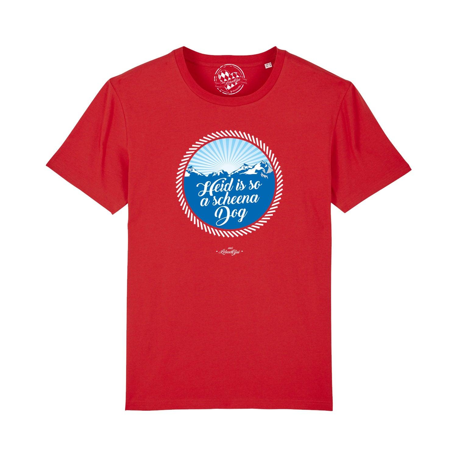 Graues Herren-T-Shirt mit weißem Schriftzug „So a scheena Dog“, kurzärmelig, Rundhalsausschnitt, Bio-Baumwolle.