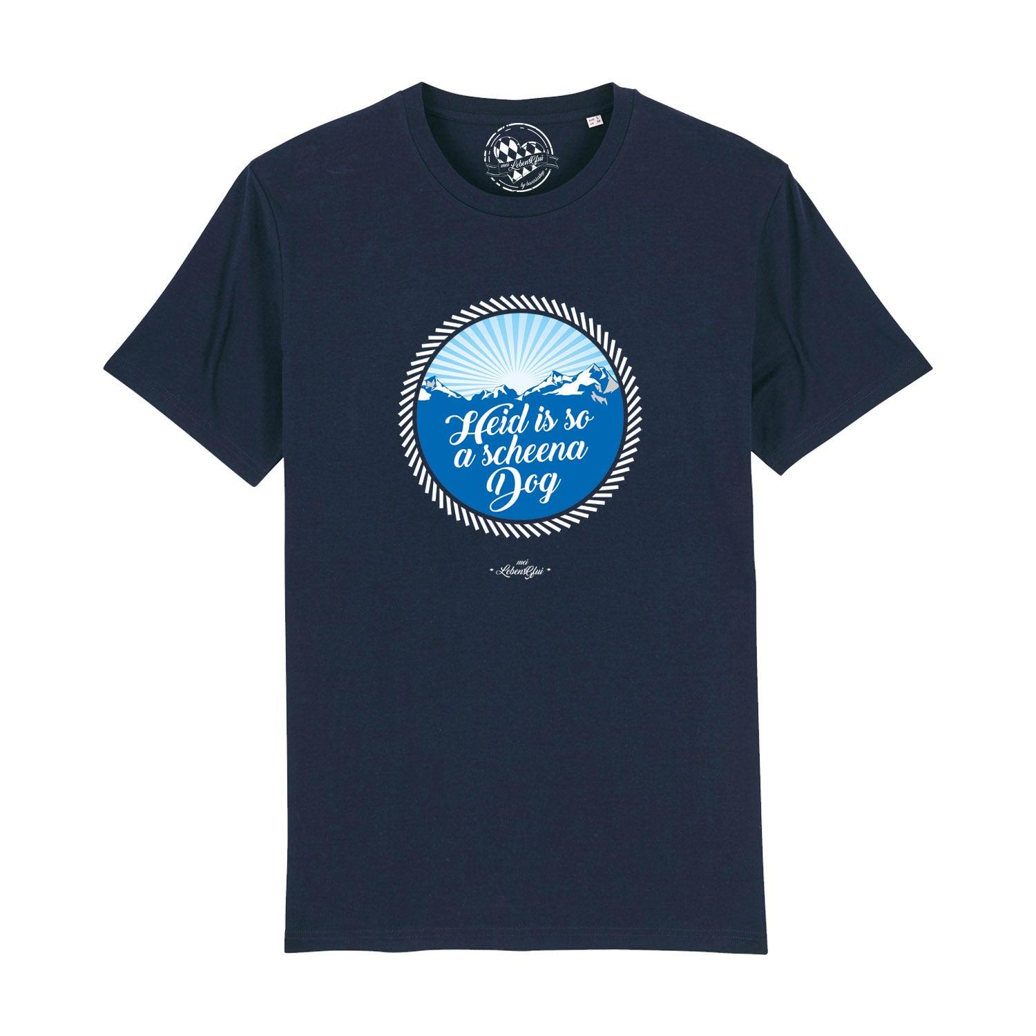Graues Herren-T-Shirt mit weißem Schriftzug „So a scheena Dog“ aus 100 % Bio-Baumwolle in normaler Passform.