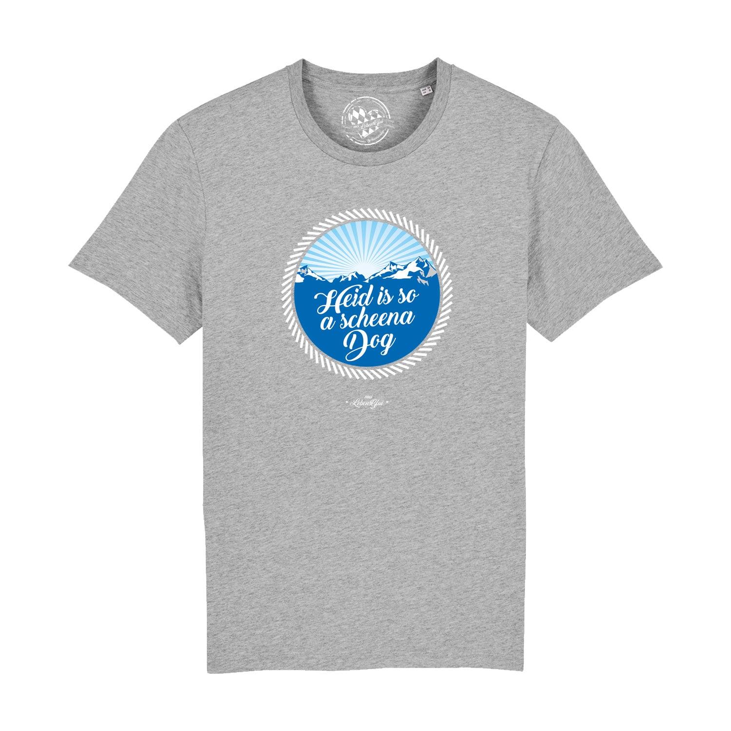 Schwarzes Herren-T-Shirt mit weißem Schriftzug „So a scheena Dog“, Rundhalsausschnitt, aus Bio-Baumwolle.