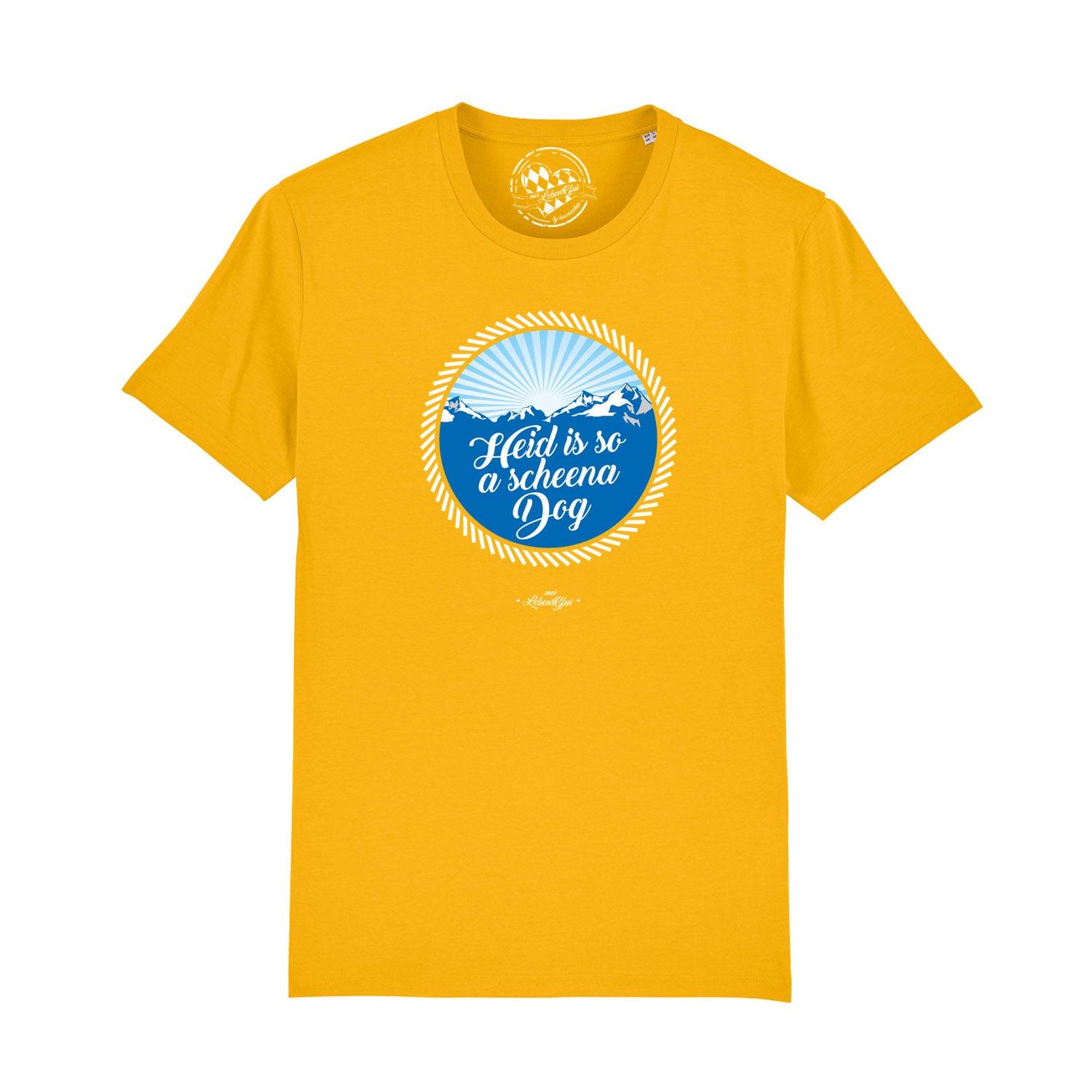 Graues Herren-T-Shirt mit weißem Schriftzug „So a scheena Dog“, Rundhals, aus 100 % Bio-Baumwolle.
