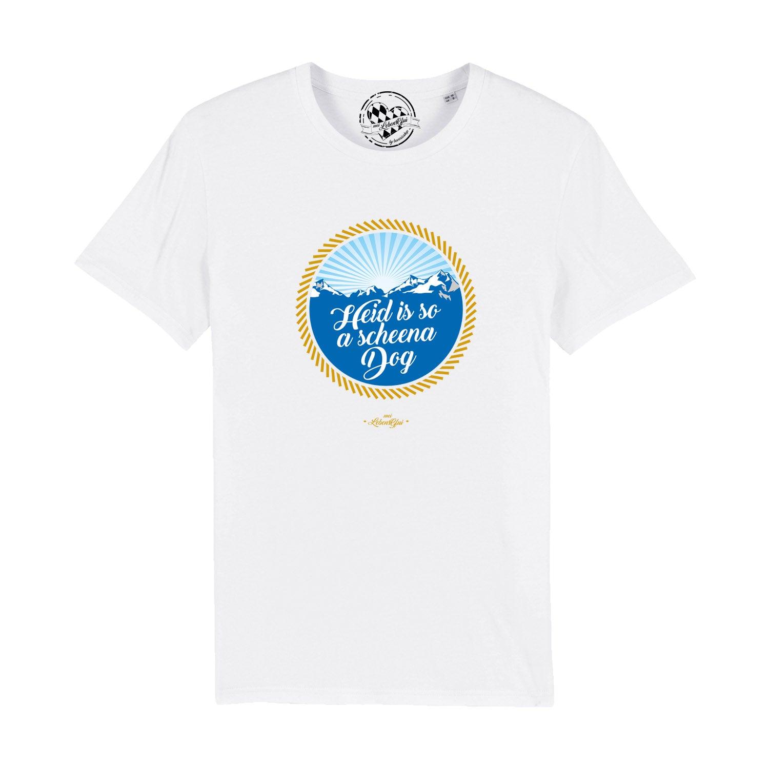 Schwarzes Herren-T-Shirt mit weißem Frontprint „So a scheena Dog“, Rundhals, 100 % Bio-Baumwolle, glatter Stoff.