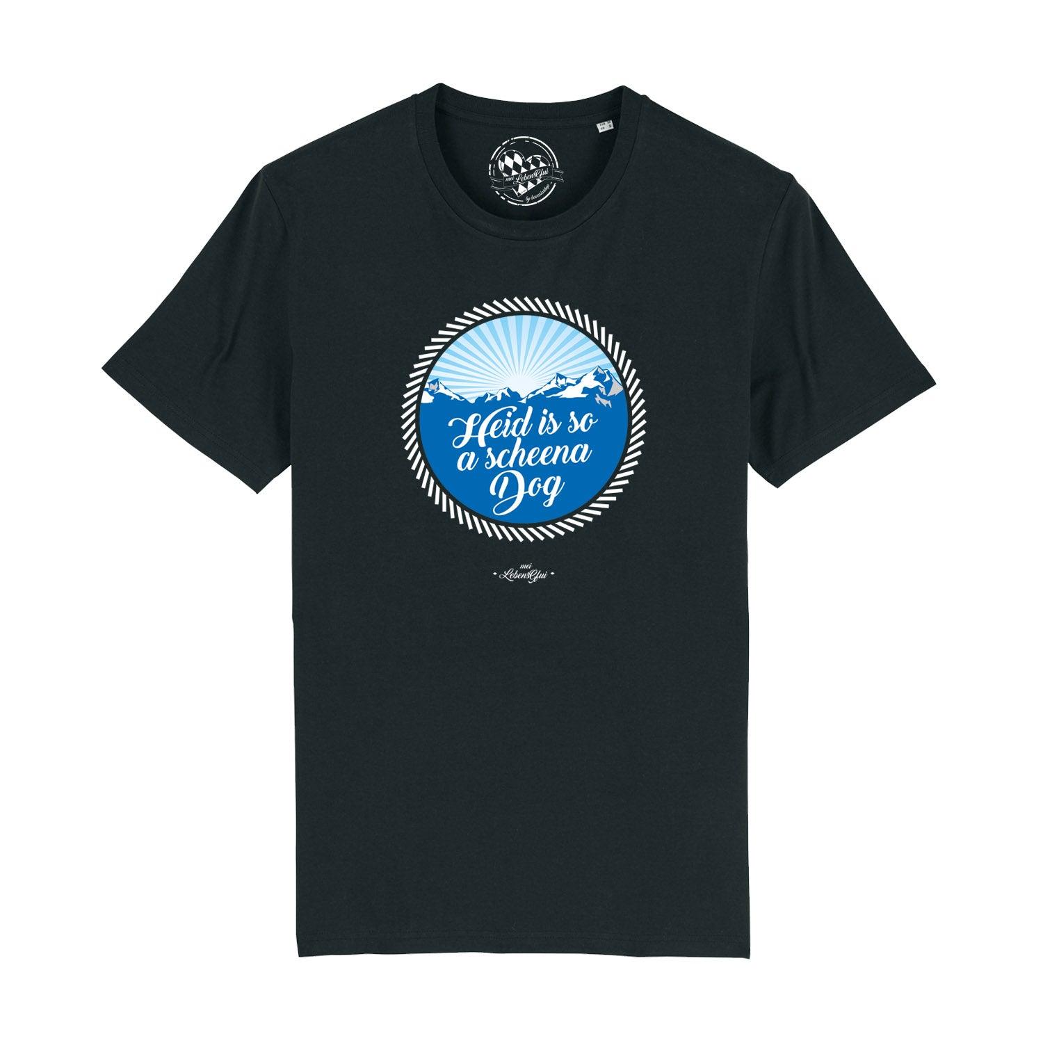 Schwarzes Herren-T-Shirt mit weißem Front-Print „So a scheena Dog“ in bayerischer Mundart, 100 % Bio-Baumwolle.