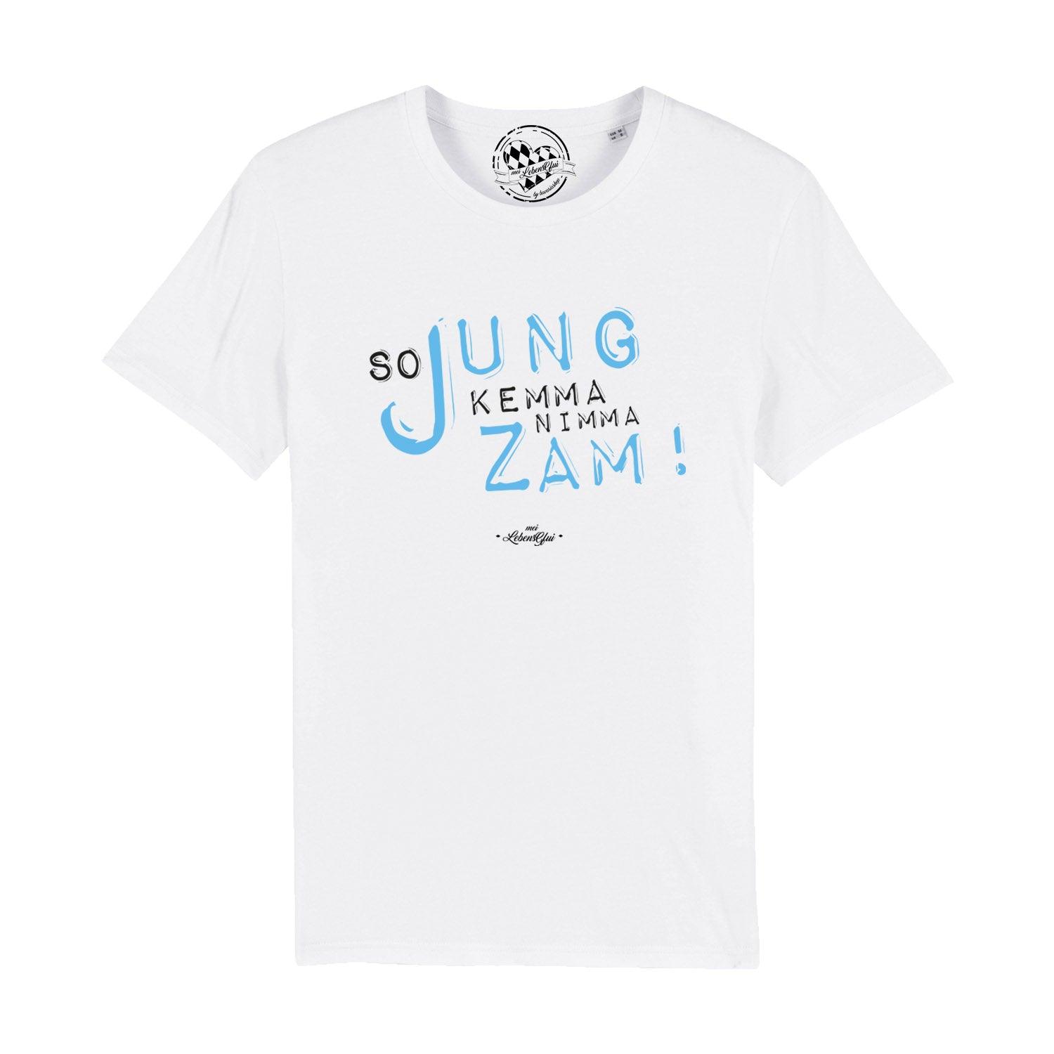 Schwarzes Herren-T-Shirt mit weißem Frontprint „So jung kemma nimma zamm“, aus 100 % Bio-Baumwolle, kurzärmelig.