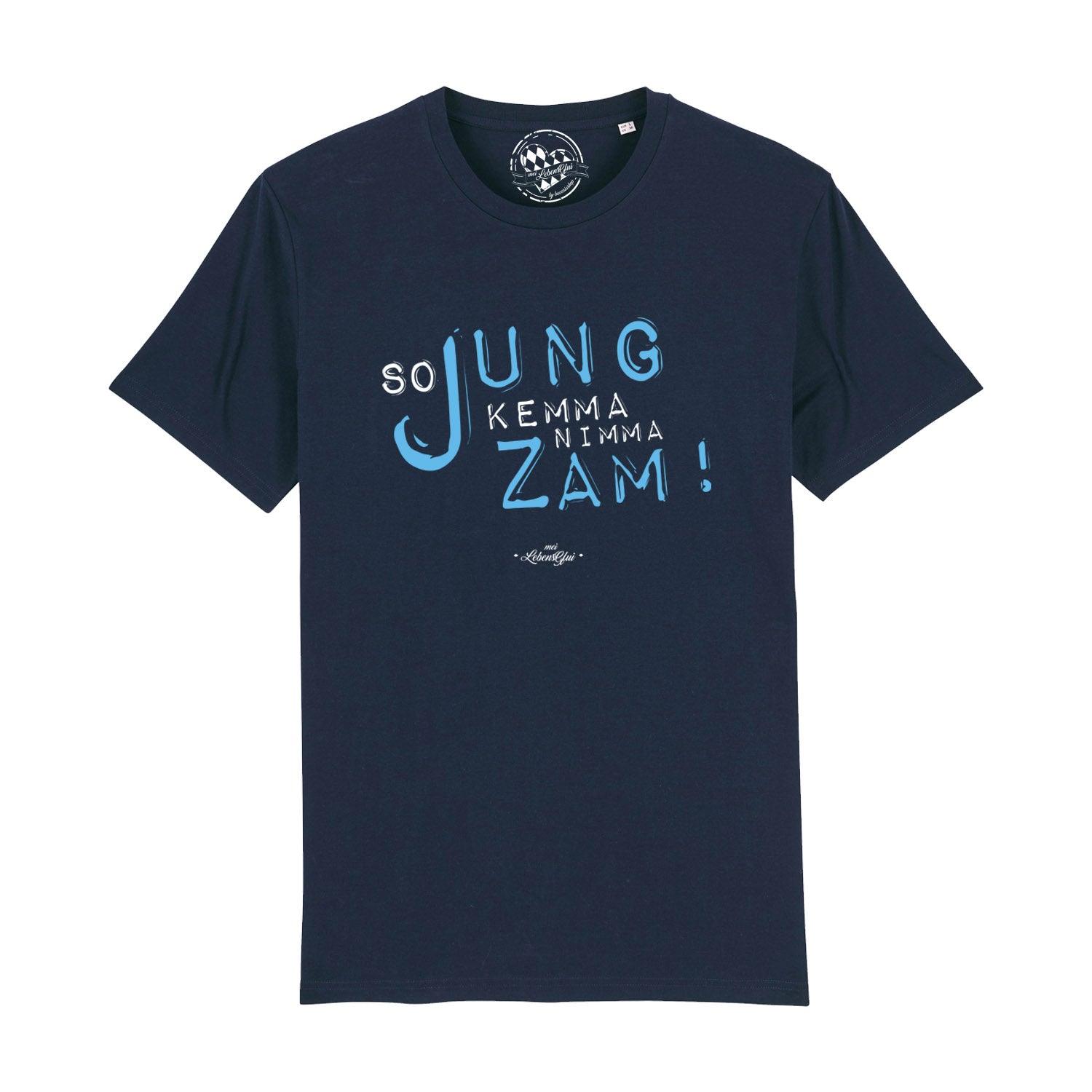 Weißes Herren-T-Shirt mit schwarzem Aufdruck "So jung kemma nimma zamm", Rundhalsausschnitt, Bio-Baumwolle.