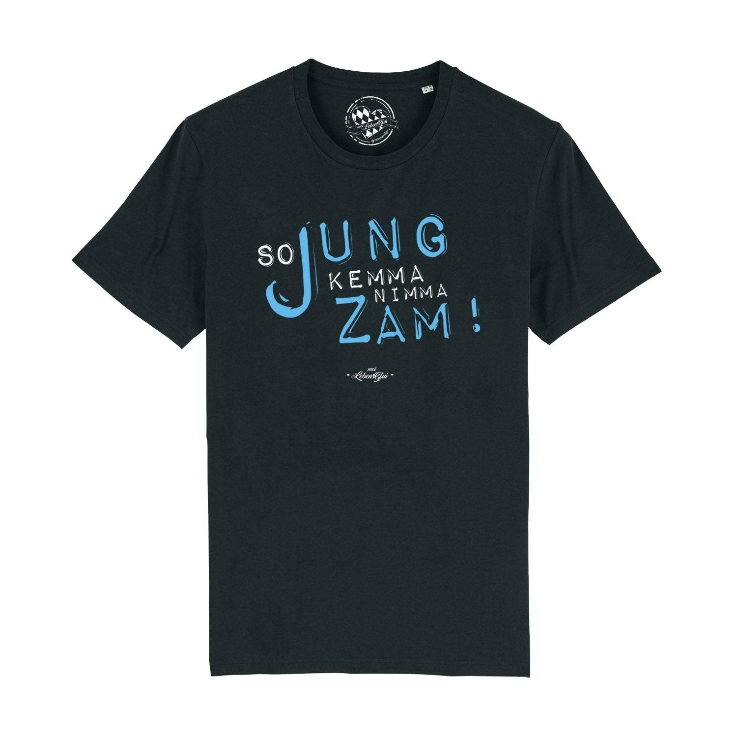 Kurzärmliges Herren-T-Shirt in Anthrazit mit weißem Frontprint „So jung kemma nimma zamm“, Bio-Baumwolle.