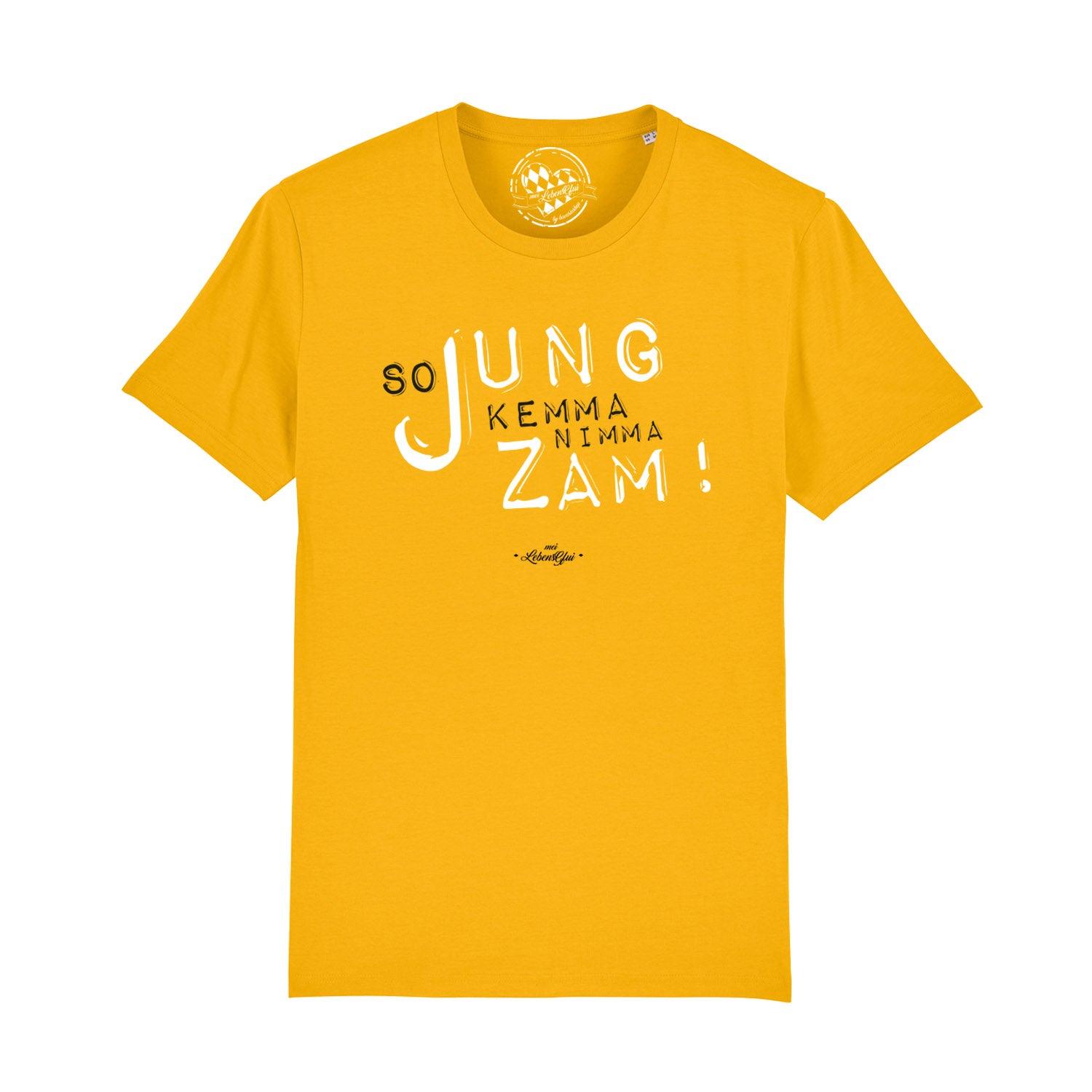 Herren T-Shirt in Dunkelblau mit weißem Schriftzug "So jung kumm ma nimma zamm", gerade Passform, 100 % Bio-Baumwolle.