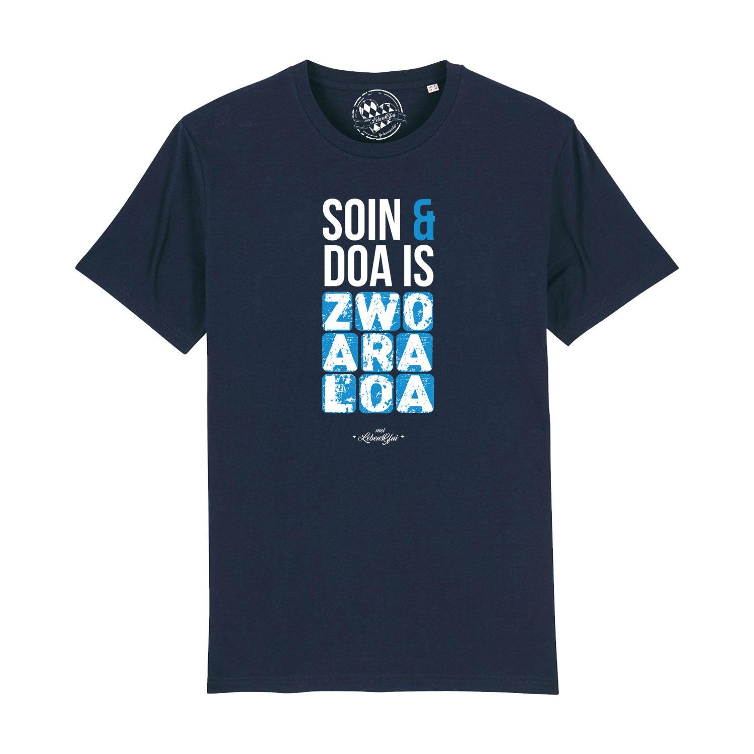 Schwarzes Herren-T-Shirt mit weißem „Soin und doa“-Schriftzug, aus 100 % Bio-Baumwolle, bayerisches Design