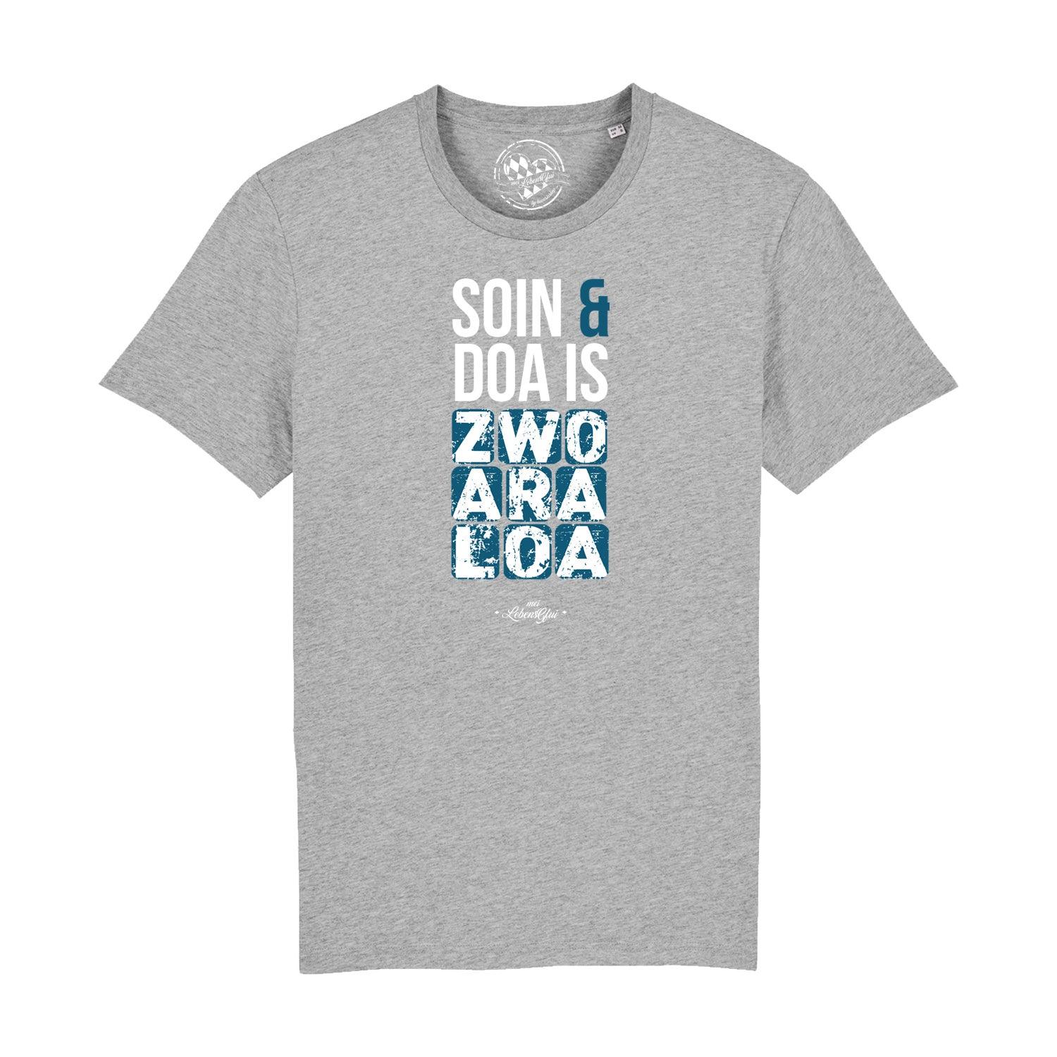 Herren-T-Shirt in Anthrazit mit weißem Mundart-Schriftzug „Soin und doa“, aus 100 % Bio-Baumwolle, kurzärmelig.