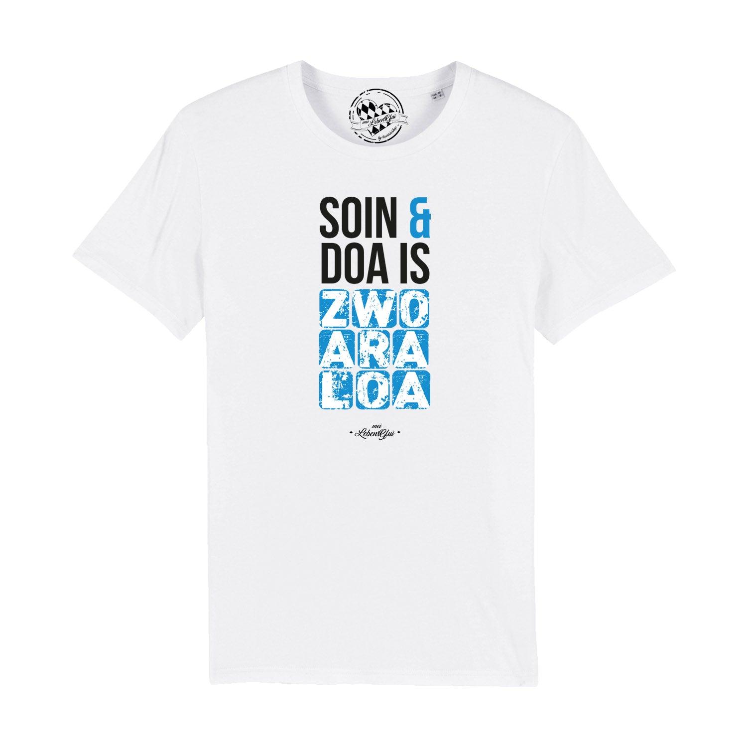 Schwarzes Herren-T-Shirt mit weißem Schriftzug "Soin und doa", rundem Halsausschnitt, aus 100 % Bio-Baumwolle.