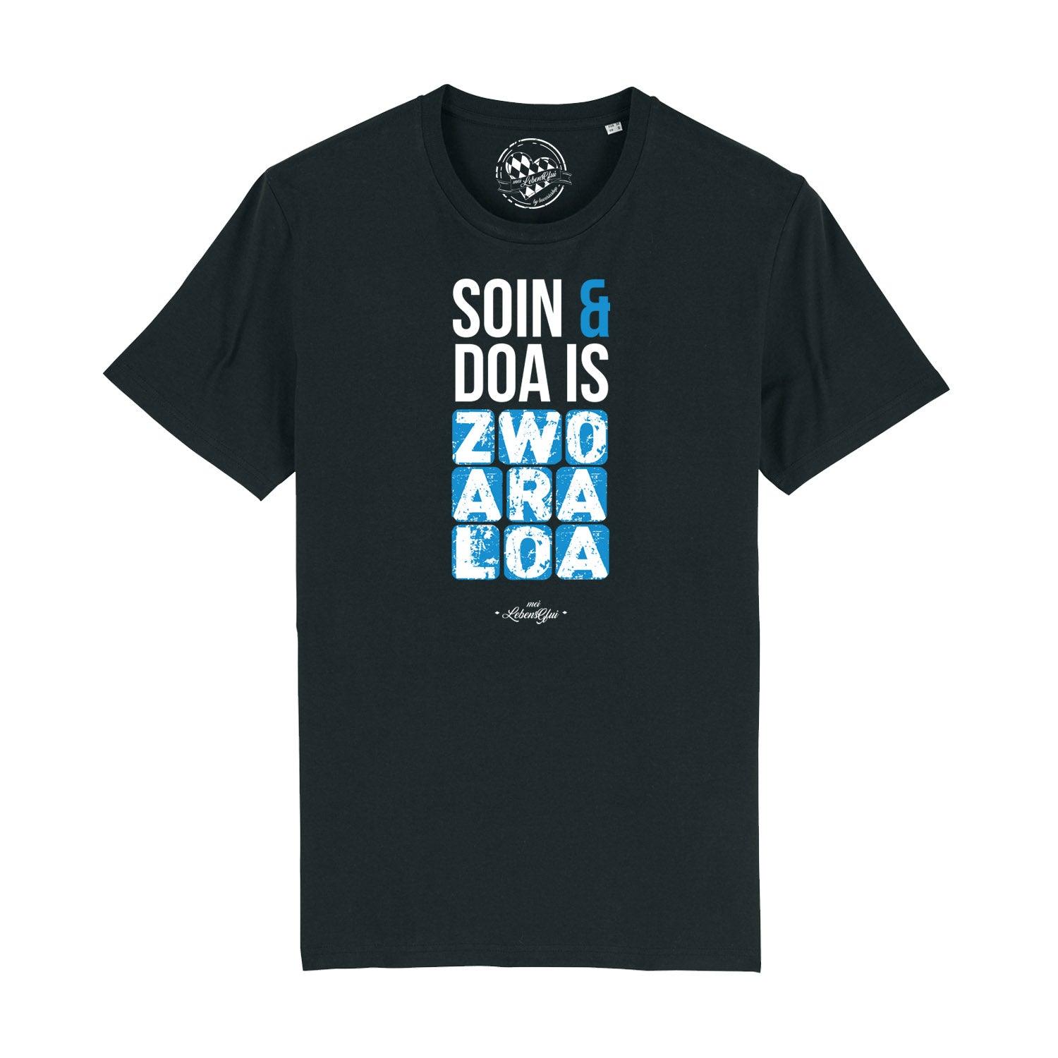 Schwarzes Herren-T-Shirt mit weißem Schriftzug „Soin und doa“, Rundhalsausschnitt, aus 100 % Bio-Baumwolle.