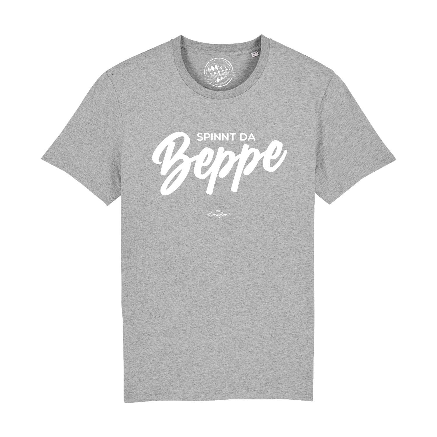 Schwarzes Herren-T-Shirt mit weißem Frontprint „Spinnt da Beppe“, Rundhalsausschnitt, aus 100 % Bio-Baumwolle.