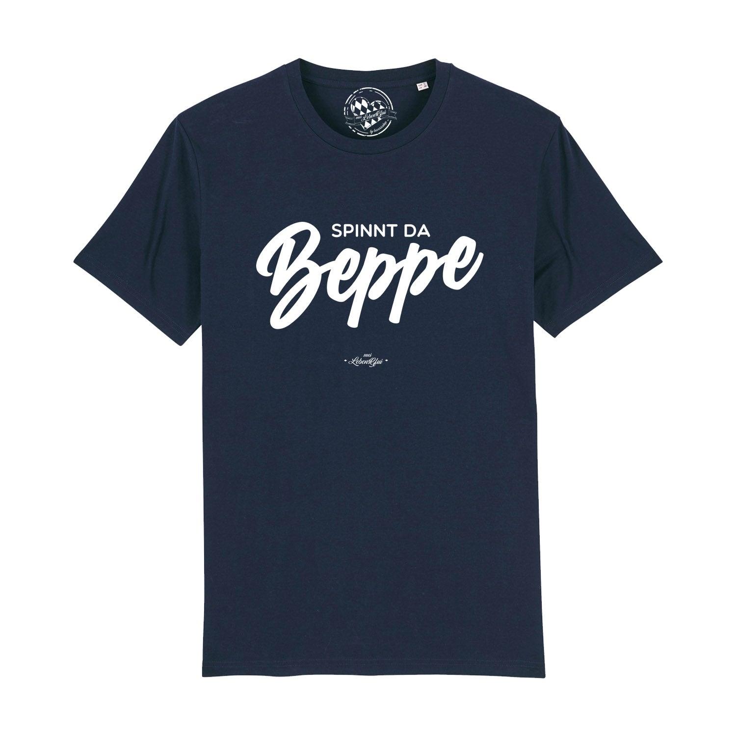 Schwarzes Herren-T-Shirt mit weißem Frontdruck „Spinnt da Beppe“ aus 100 % Bio-Baumwolle, kurzärmelig.