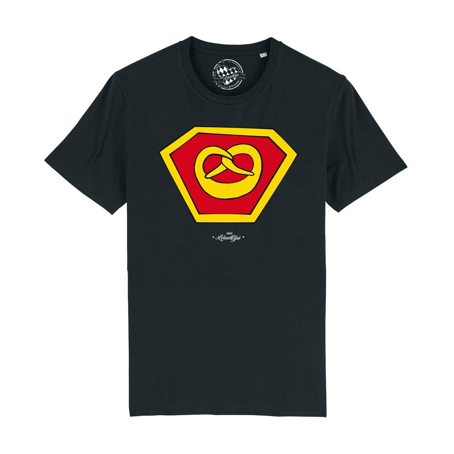 Herren T-Shirt in Dunkelblau mit gelbem „Super-Brezn“-Aufdruck, Rundhals, aus 100 % Bio-Baumwolle.