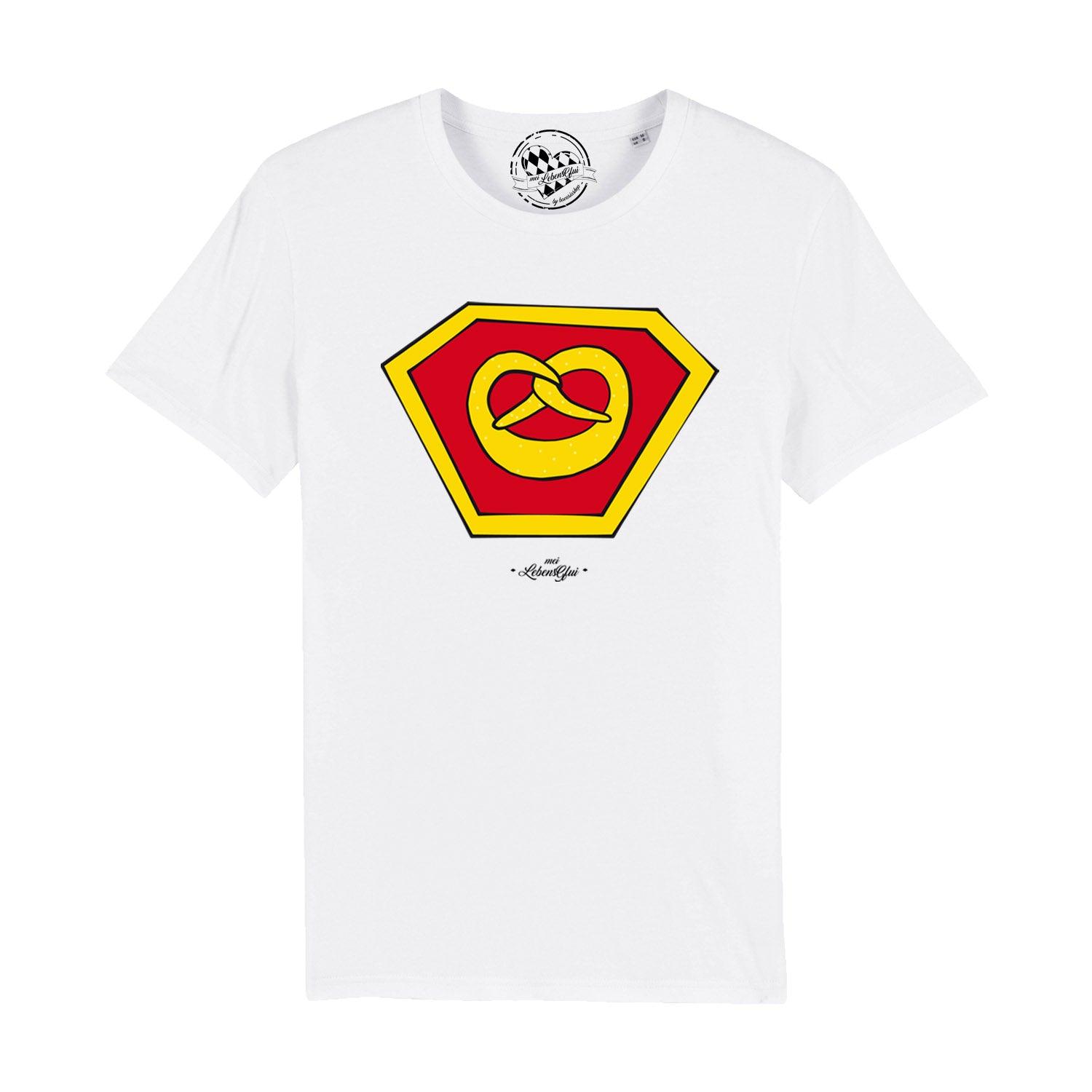 Schwarzes Herren-T-Shirt mit gelbem "Super-Brezn"-Logo, klassischem Rundhalsausschnitt aus 100 % Bio-Baumwolle.