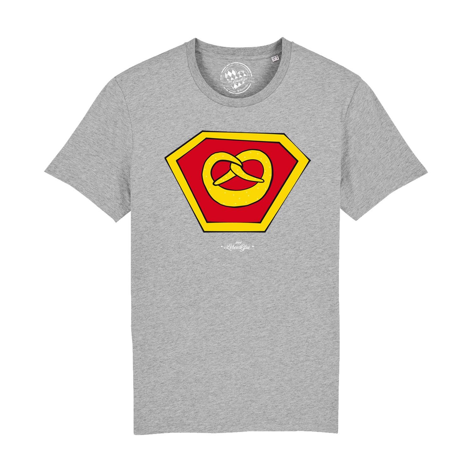 Schwarzes Herren-T-Shirt mit farbigem "Super-Brezn"-Motiv auf der Brust aus 100 % Bio-Baumwolle.