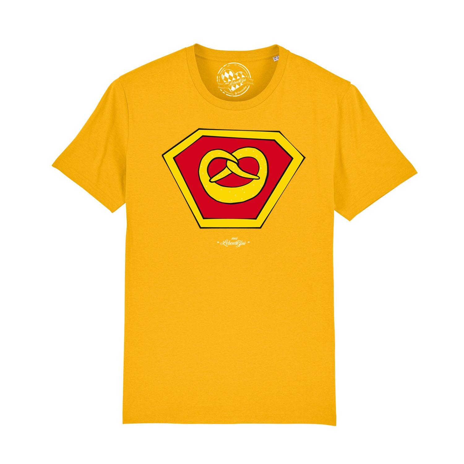 Schwarzes Herren-T-Shirt mit weißem „Super-Brezn“-Schriftzug und Brezen-Motiv, aus 100 % Bio-Baumwolle.
