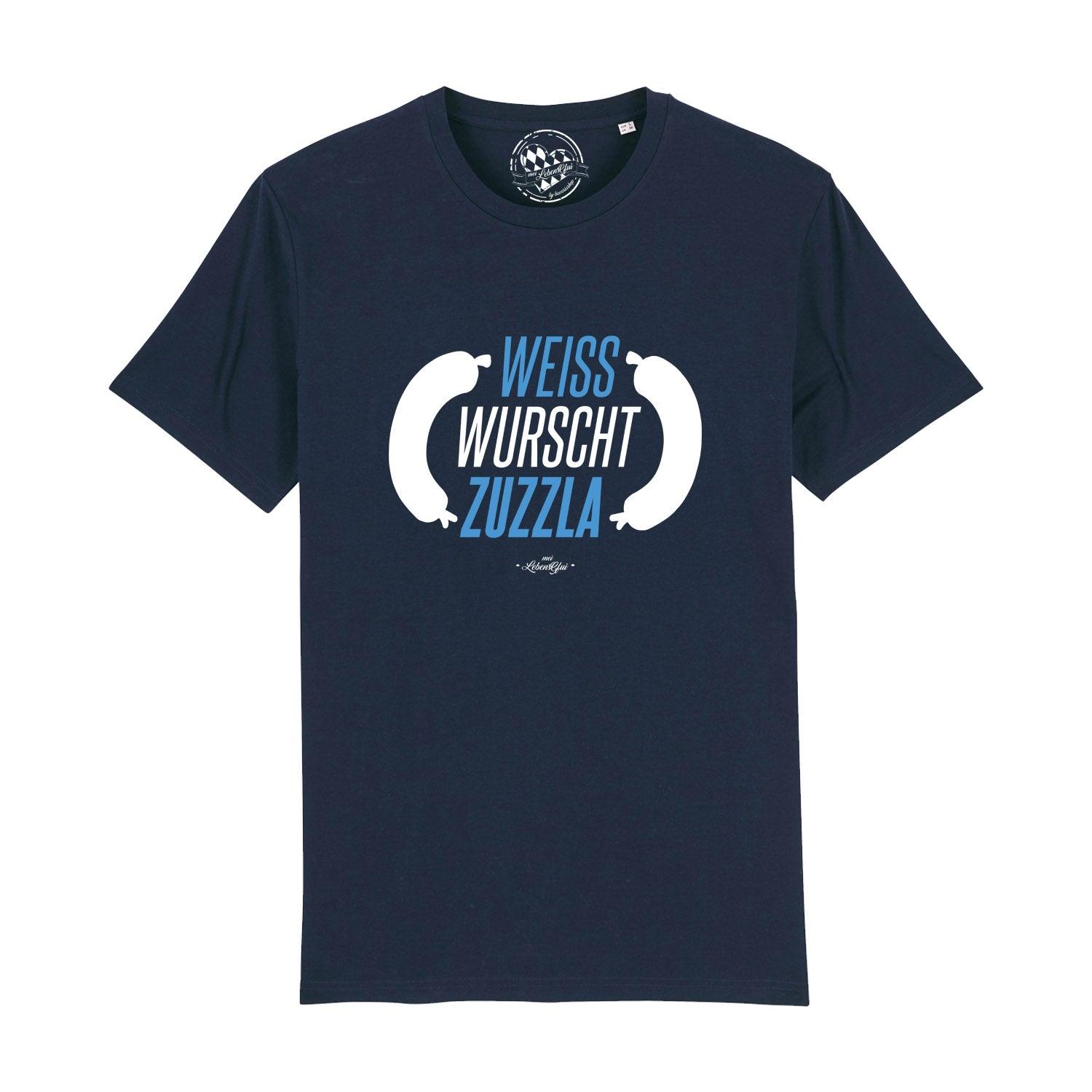 Weißes Herren-T-Shirt mit schwarzem Schriftzug „Weisswurschtzuzzla“, Rundhalsausschnitt, Bio-Baumwolle, 180g/m².