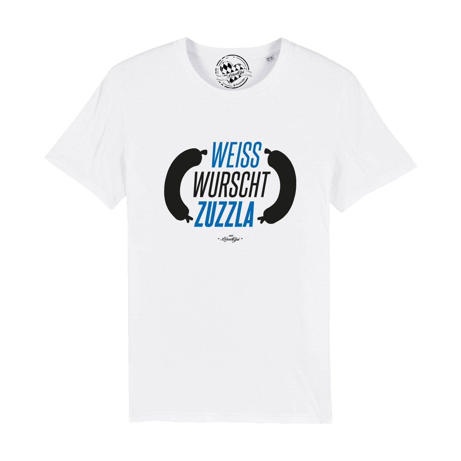 Weißes Herren-T-Shirt mit schwarzem Front-Aufdruck "Weisswurschtzuzzla", Rundhalsausschnitt, 100 % Bio-Baumwolle.