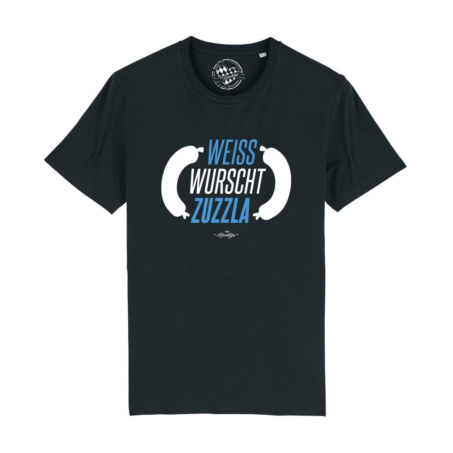 Weißes Herren-T-Shirt mit blauem Schriftzug „Weisswurschtzuzzla“, Rundhalsausschnitt, aus 100 % Bio-Baumwolle.