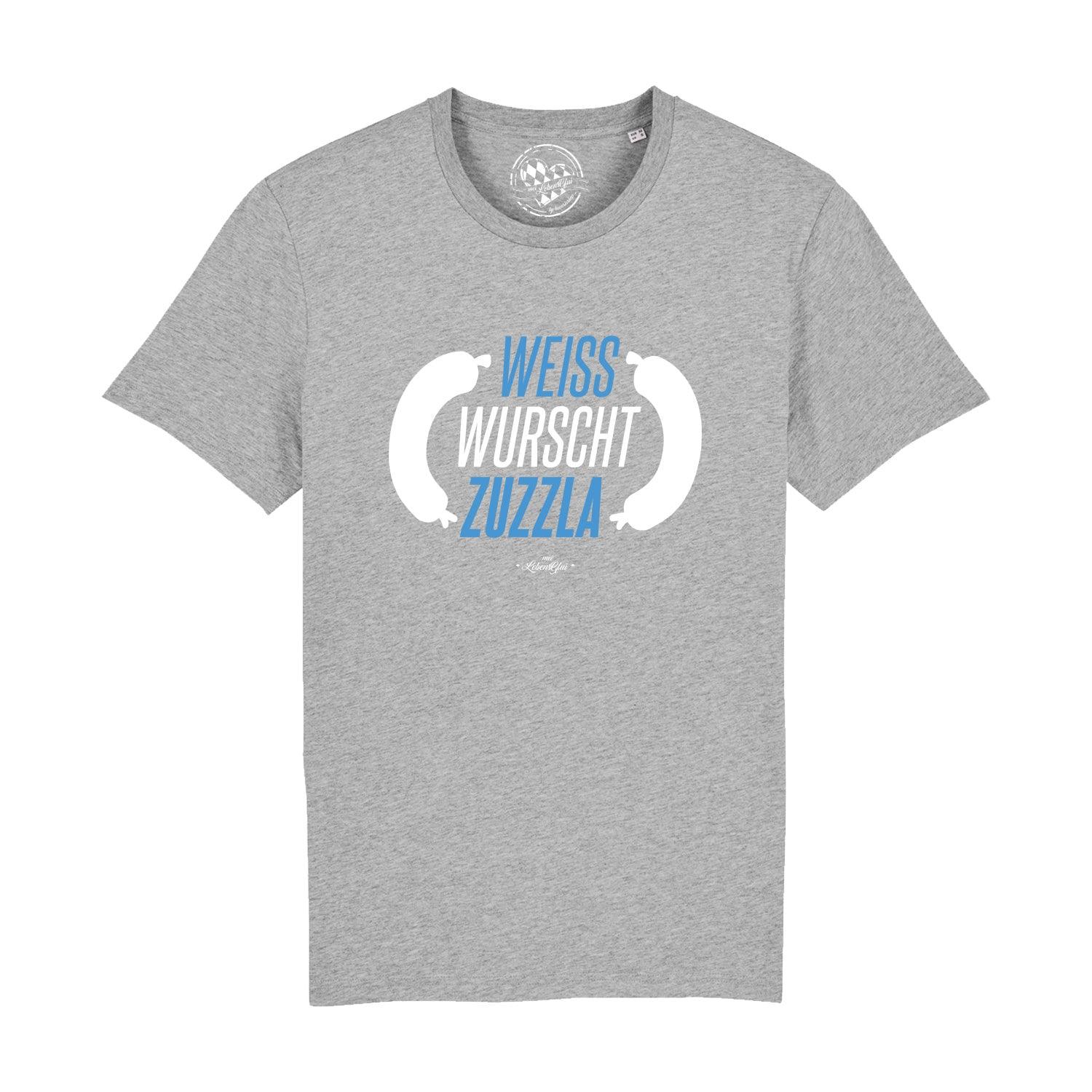 Weißes Herren-T-Shirt mit schwarzem Schriftzug „Weisswurschtzuzzla“, aus 100 % Bio-Baumwolle gefertigt.