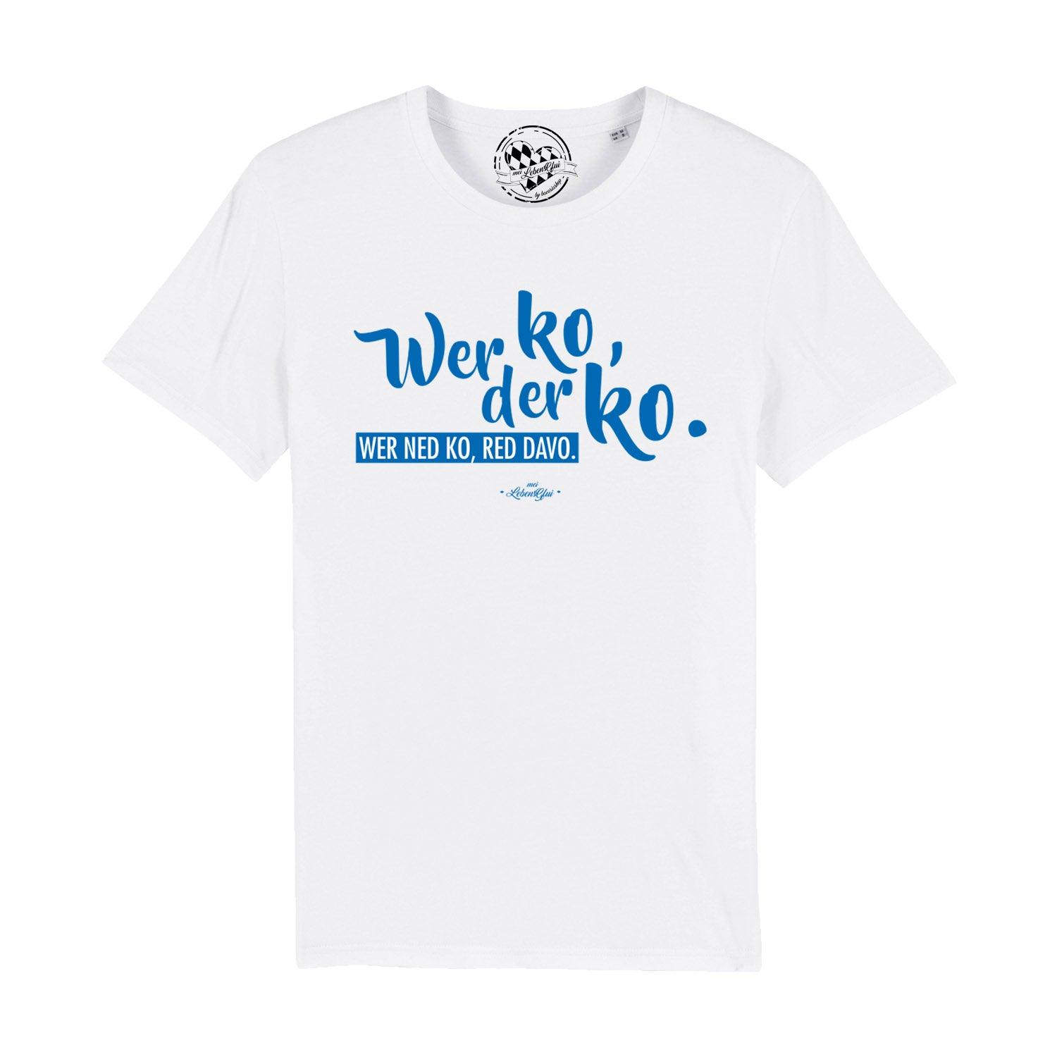 Schwarzes Herren-T-Shirt mit weißem Schriftzug „Wer ko, der ko“ aus 100 % Bio-Baumwolle in normaler Passform.