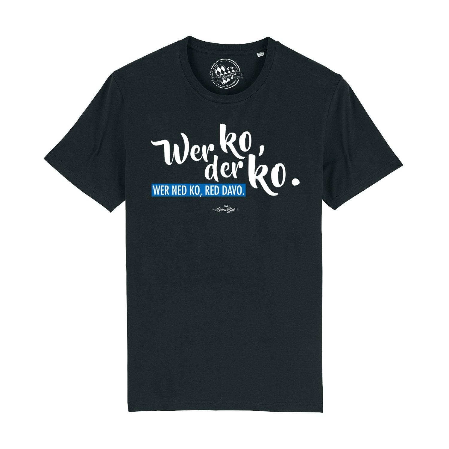 Graues Herren-T-Shirt mit weißem Brust-Schriftzug "Wer ko, der ko", aus 100 % Bio-Baumwolle, glatt gewebt.