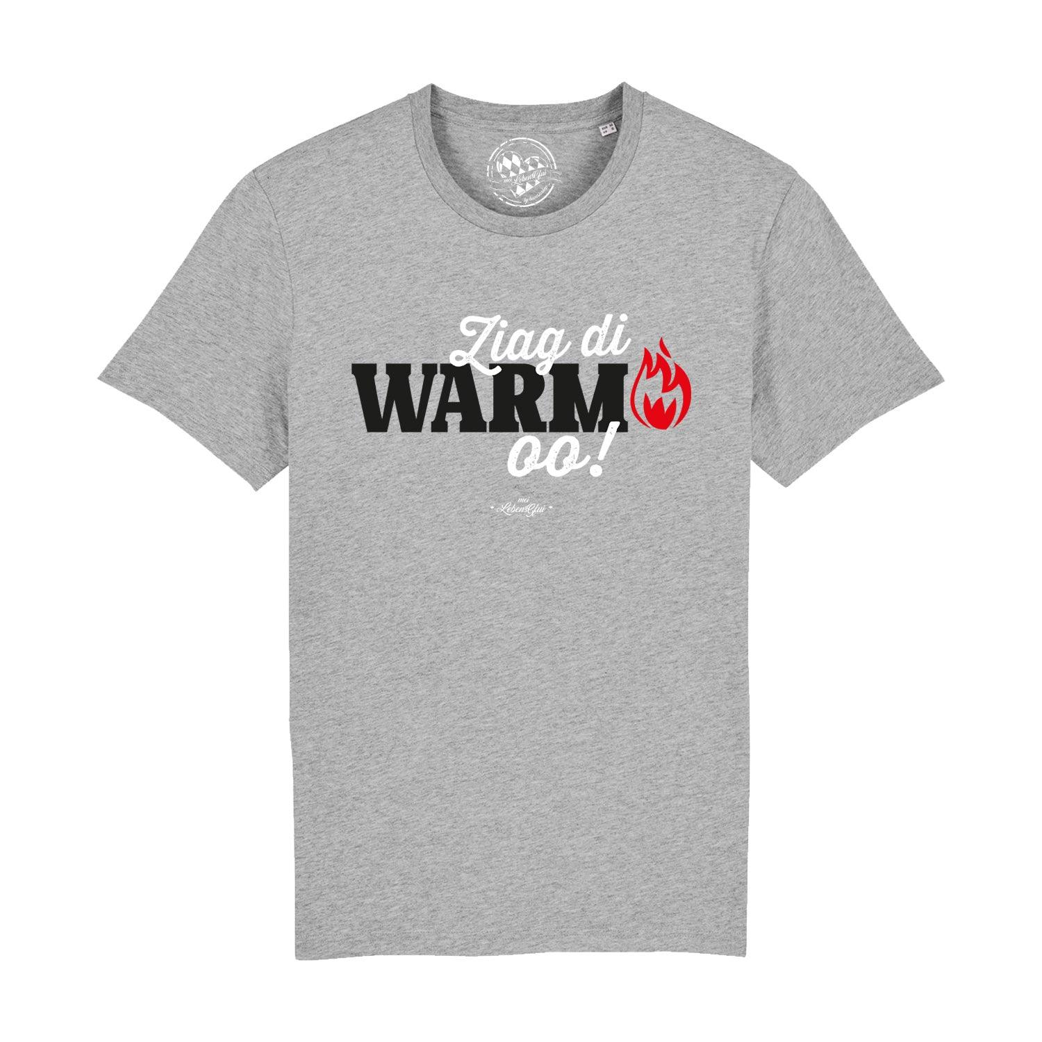 Schwarzes Herren-T-Shirt mit weißem Frontdruck „Ziag di warm oo!“ in bayerischer Mundart, aus Bio-Baumwolle.