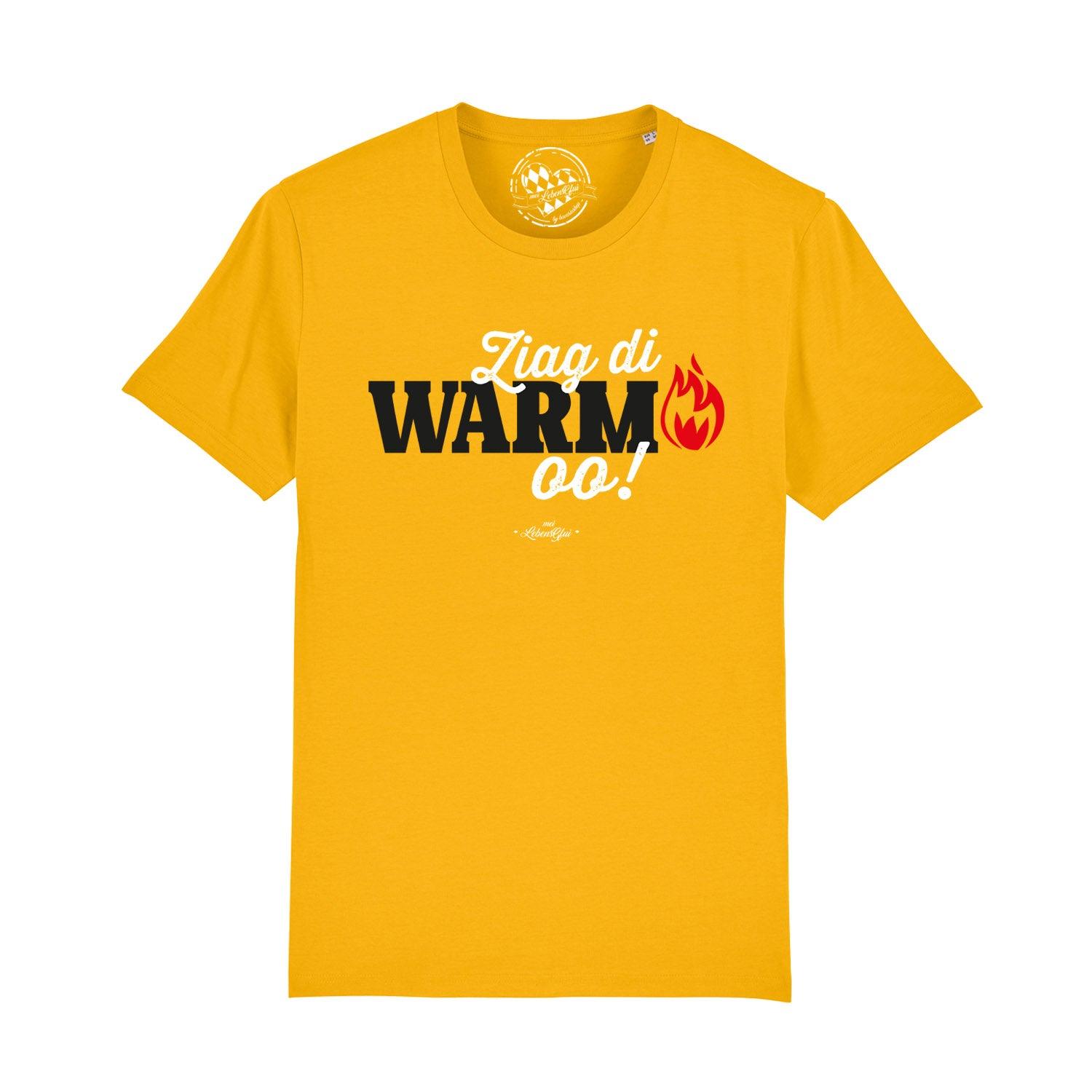 Schwarzes Herren-T-Shirt mit weißem Frontprint "Ziag di warm oo!", kurzärmelig, aus 100 % Bio-Baumwolle.