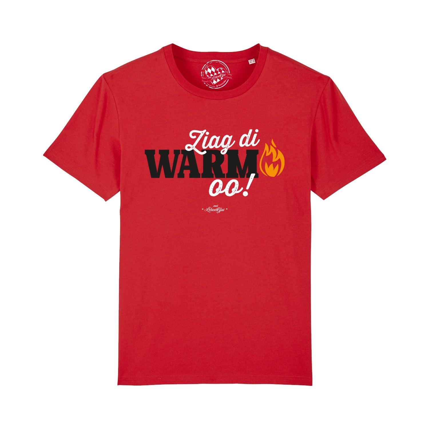 Schwarzes Herren-T-Shirt mit weißem Frontprint „Ziag di warm oo!“, Rundhalsausschnitt, 100 % Bio-Baumwolle.