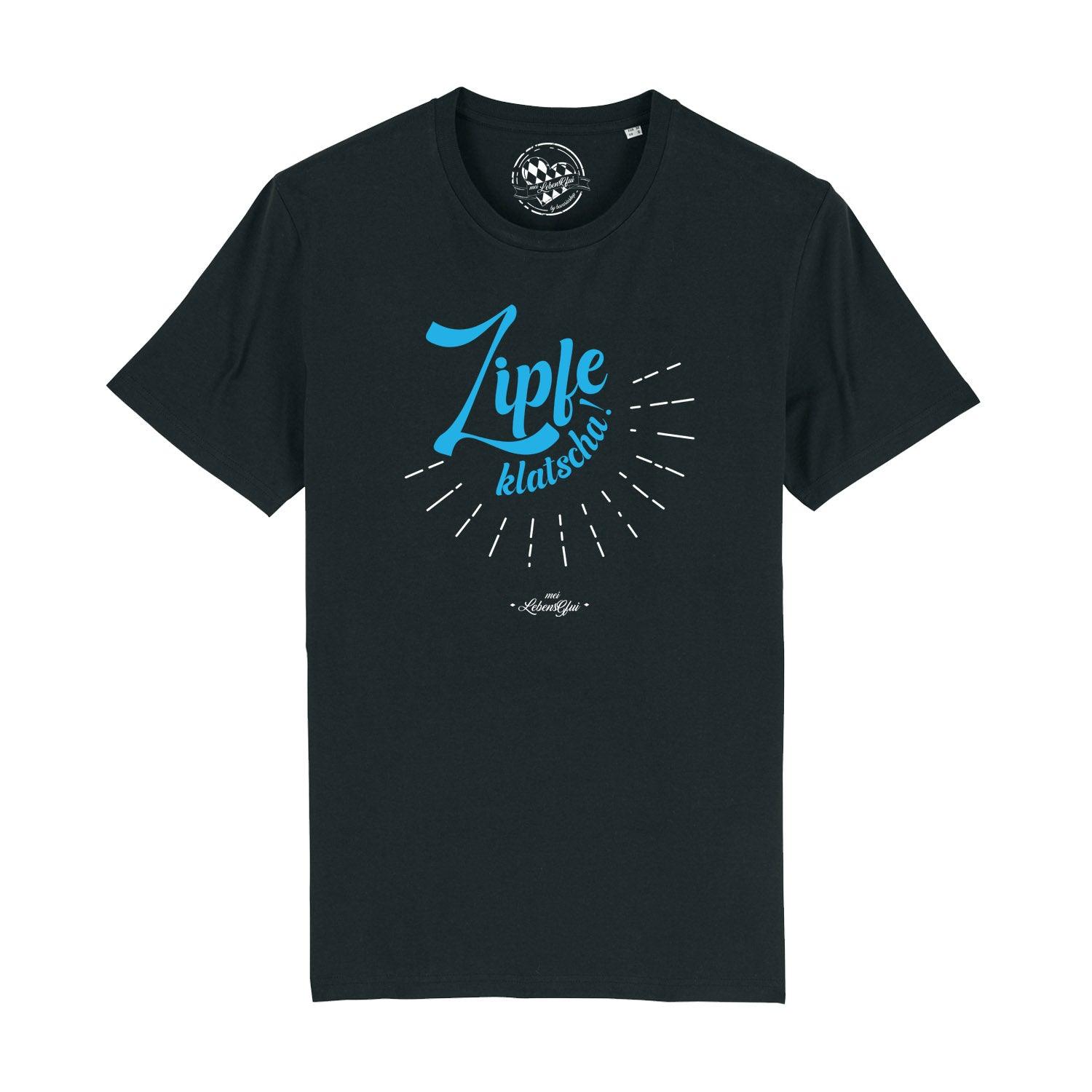 Schwarzes Herren-T-Shirt mit weißem "Zipfeklatscha!"-Schriftzug, kurzärmelig, aus 100 % Bio-Baumwolle.