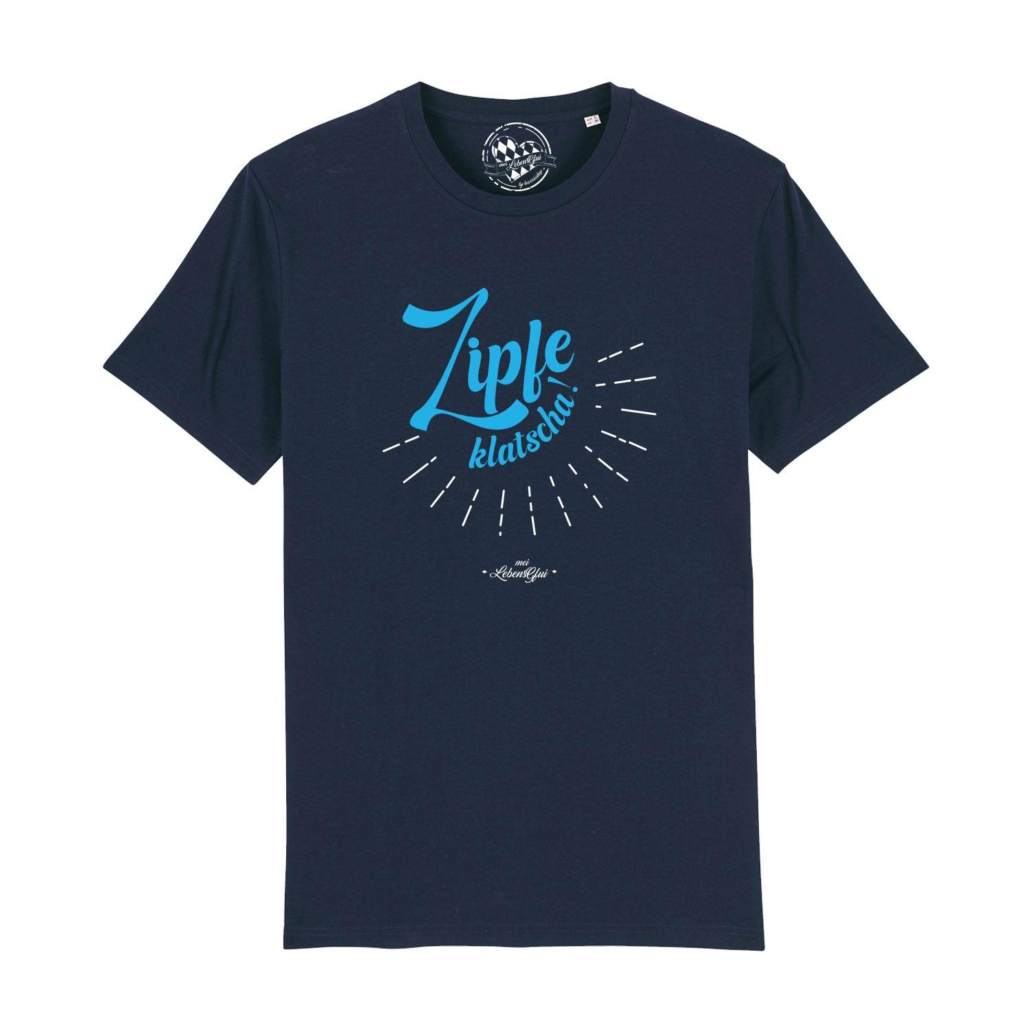 Schwarzes Herren-T-Shirt mit weißem Frontprint „Zipfeklatscha!“, Rundhalsausschnitt, aus 100 % Bio-Baumwolle.