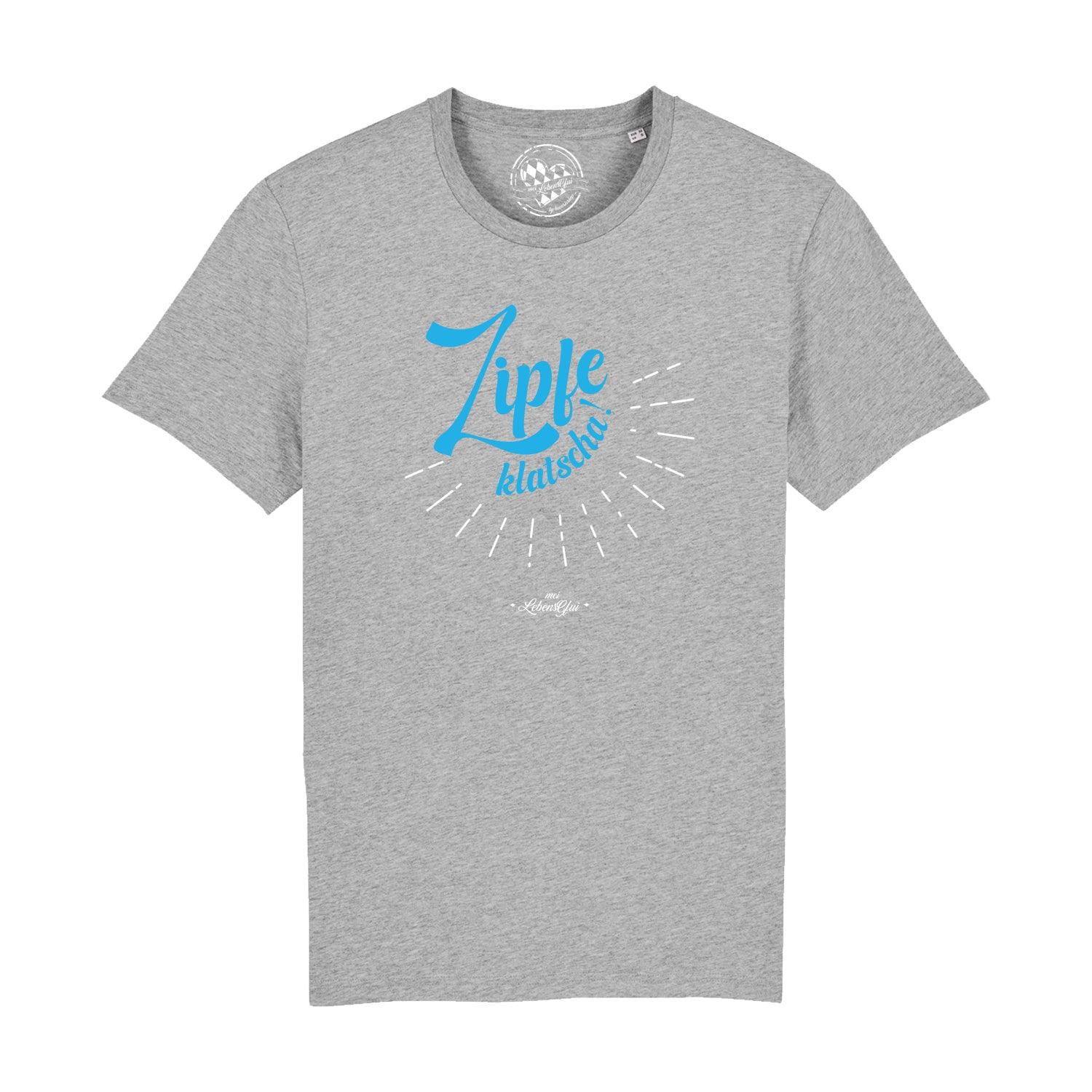 Schwarzes Herren-T-Shirt mit weißem „Zipfeklatscha!“ Schriftzug, Rundhalsausschnitt, aus 100 % Bio-Baumwolle.