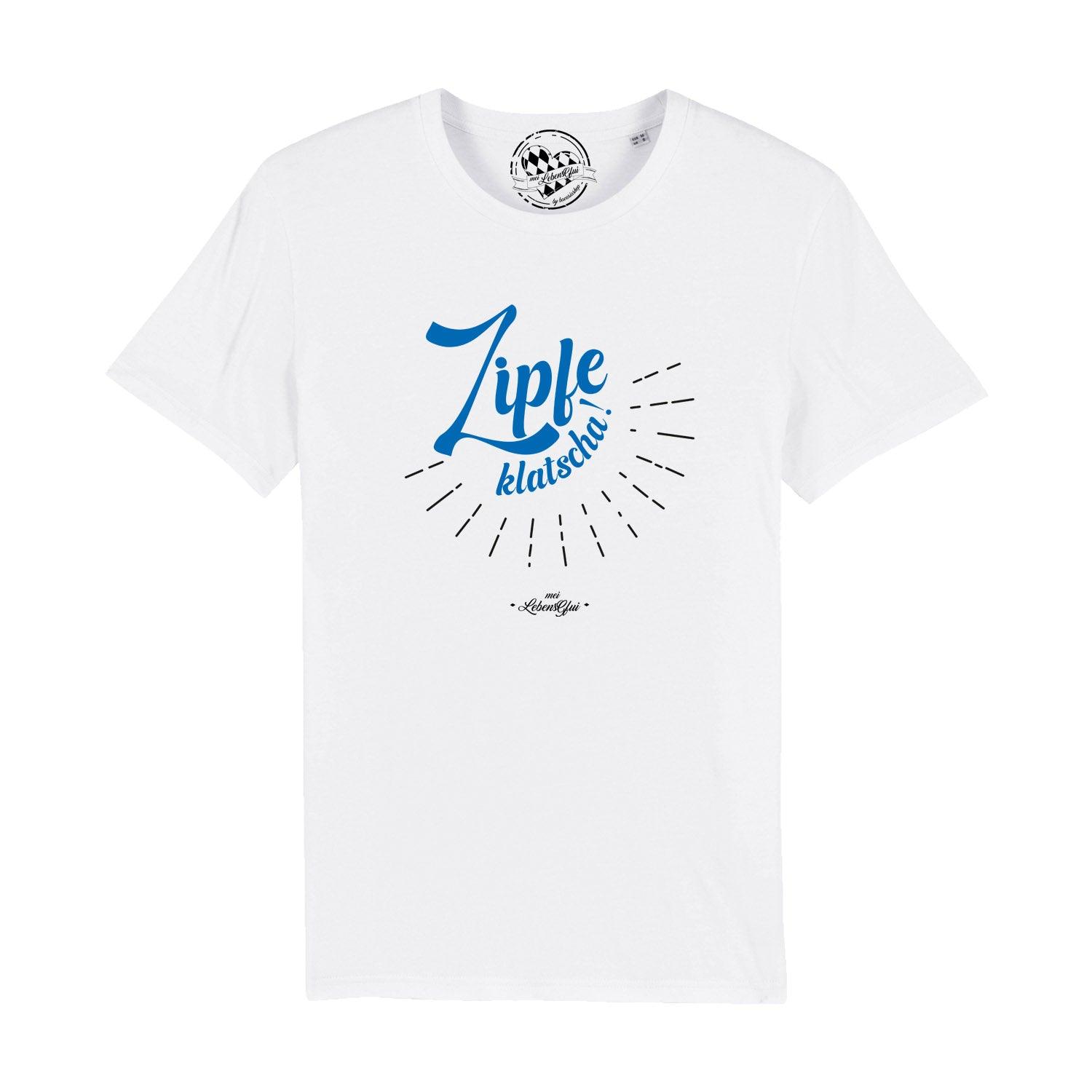 Schwarzes Herren-T-Shirt mit weißem „Zipfeklatscha!“-Schriftzug, Rundhalsausschnitt, aus 100 % Bio-Baumwolle.