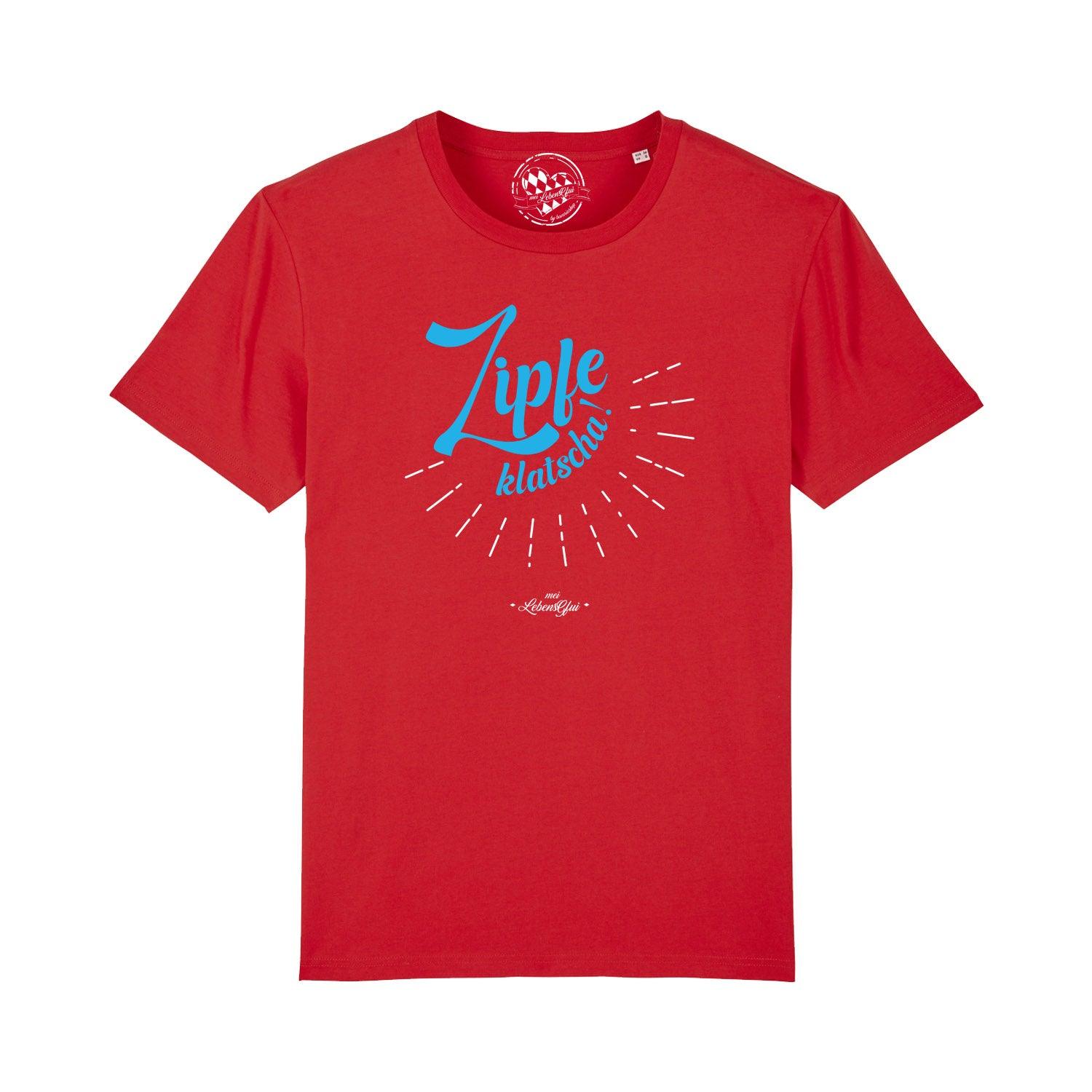Schwarzes Herren-T-Shirt mit weißem „Zipfeklatscha!”-Schriftzug, Rundhalsausschnitt und kurzem Arm aus 100 % Bio-Baumwolle.