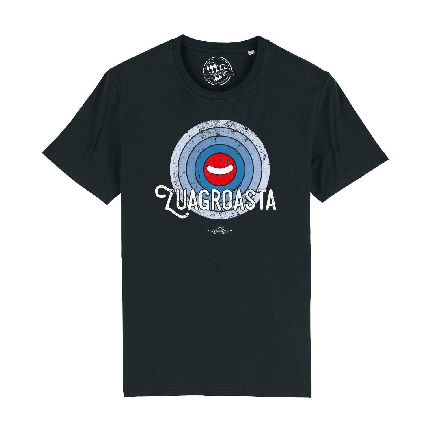 Schwarzes Herren T-Shirt mit weißem „Zuagroasta“-Schriftzug in bayerischer Mundart aus 100 % Bio-Baumwolle.