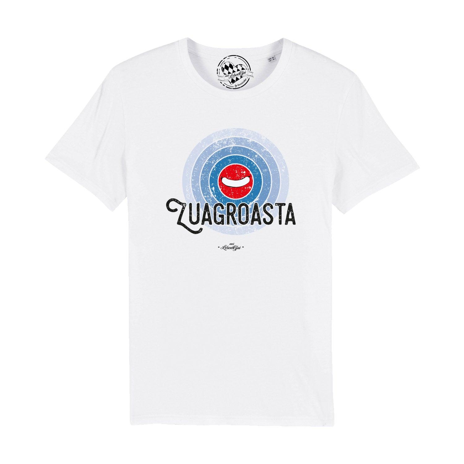 Graues Herren-T-Shirt mit weißem Brustaufdruck „Zuagroasta“ in bayerischer Mundart, aus 100 % Bio-Baumwolle.