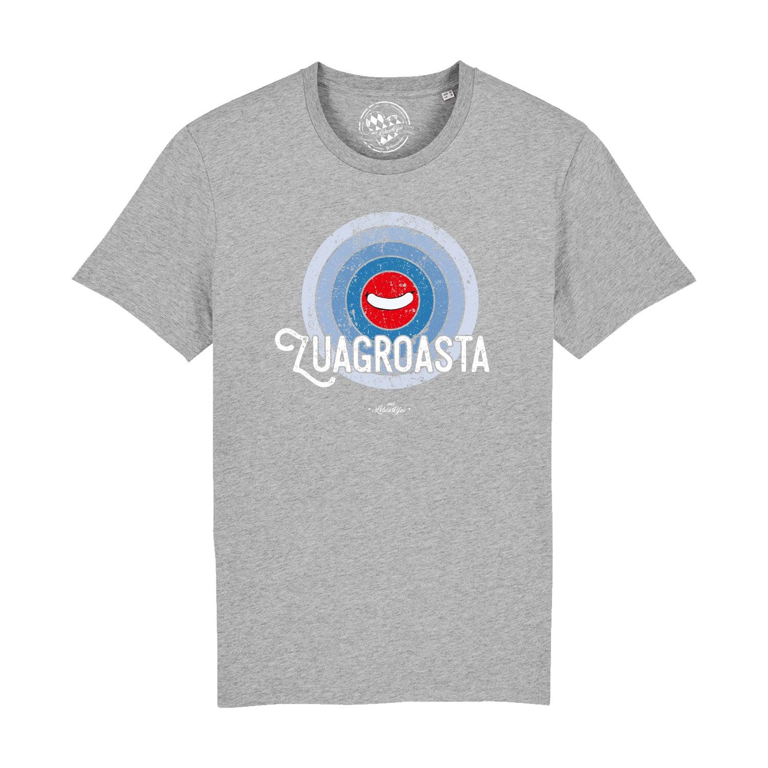 Schwarzes Herren-T-Shirt mit weißem „Zuagroasta“-Schriftzug aus Bio-Baumwolle und geradem Schnitt.