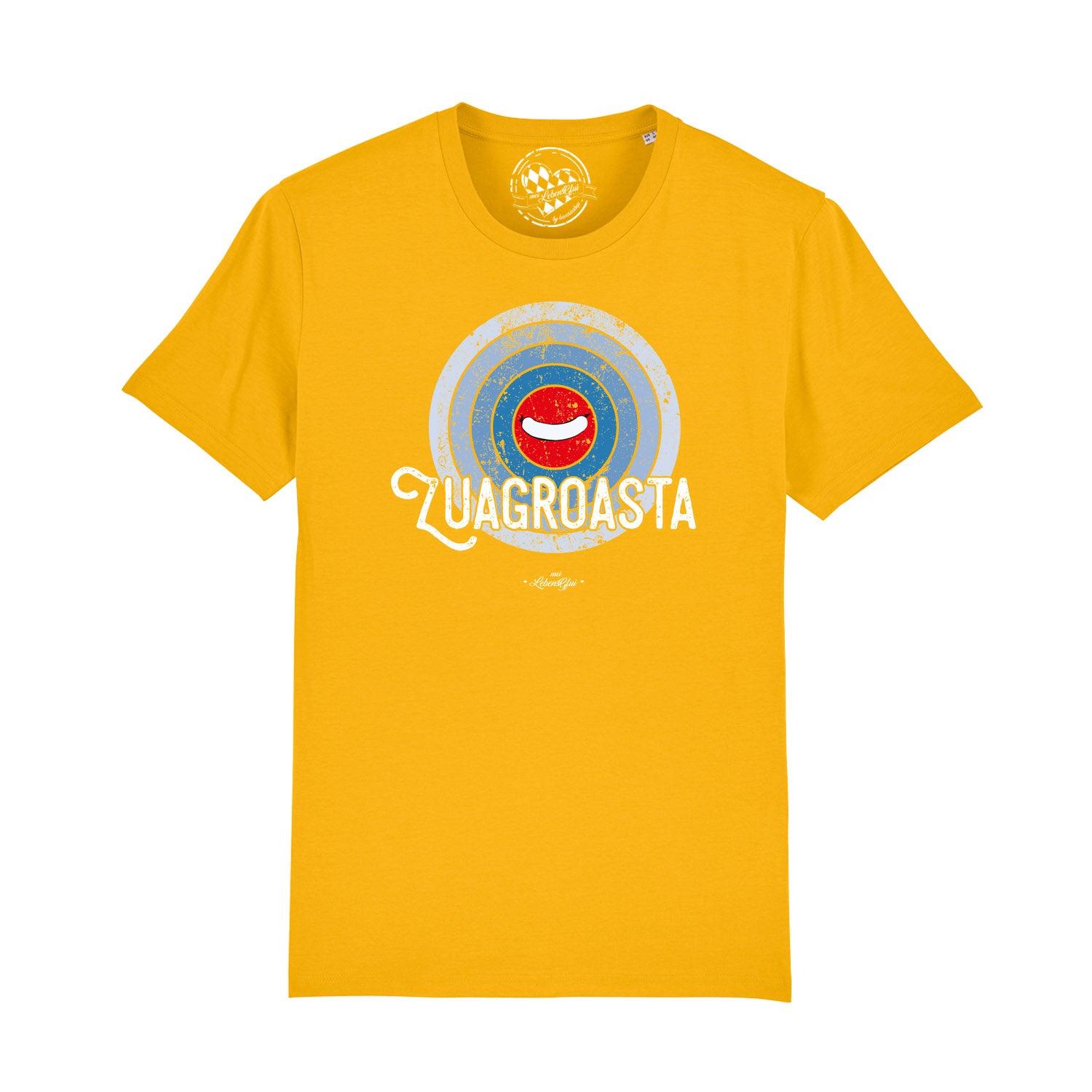 Graues Herren-T-Shirt mit weißem „Zuagroasta“-Schriftzug, kurzer Ärmel, Rundhalsausschnitt, Bio-Baumwolle.