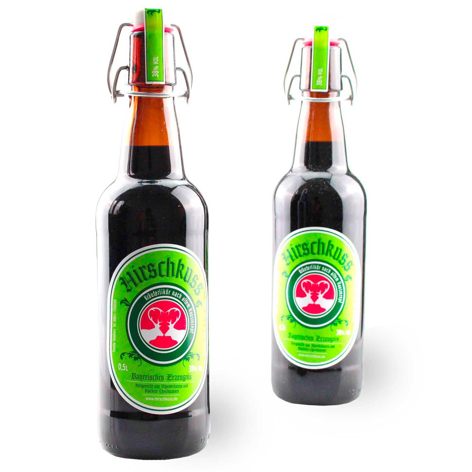 Brauner Kräuterlikör in bauchiger Glasflasche mit rotem Bügelverschluss, Füllmenge 0,5 l, aus Oberbayern.