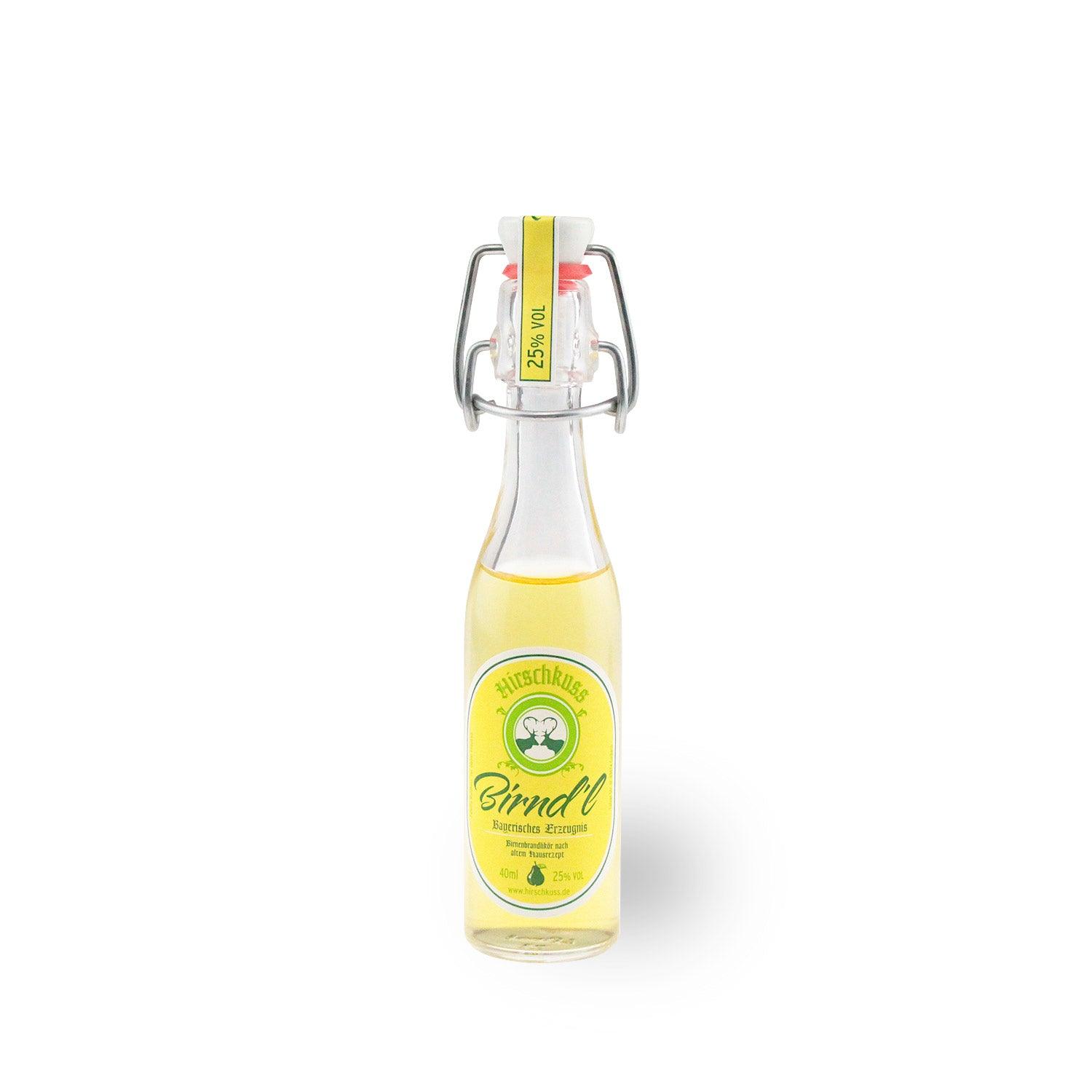 Klarer Birnenbrandlikör in kleiner Glasflasche mit goldenem Schraubverschluss und grüner Etikette, 40 ml, 25 % vol.
