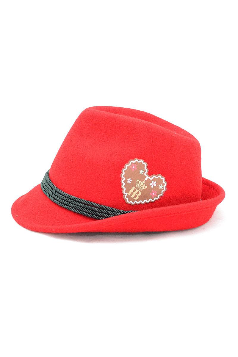 Roter Damenhut aus Wollfilz mit grünem Band, Herzerl-Applikation und gesticktem „Hofbräu“-Schriftzug.