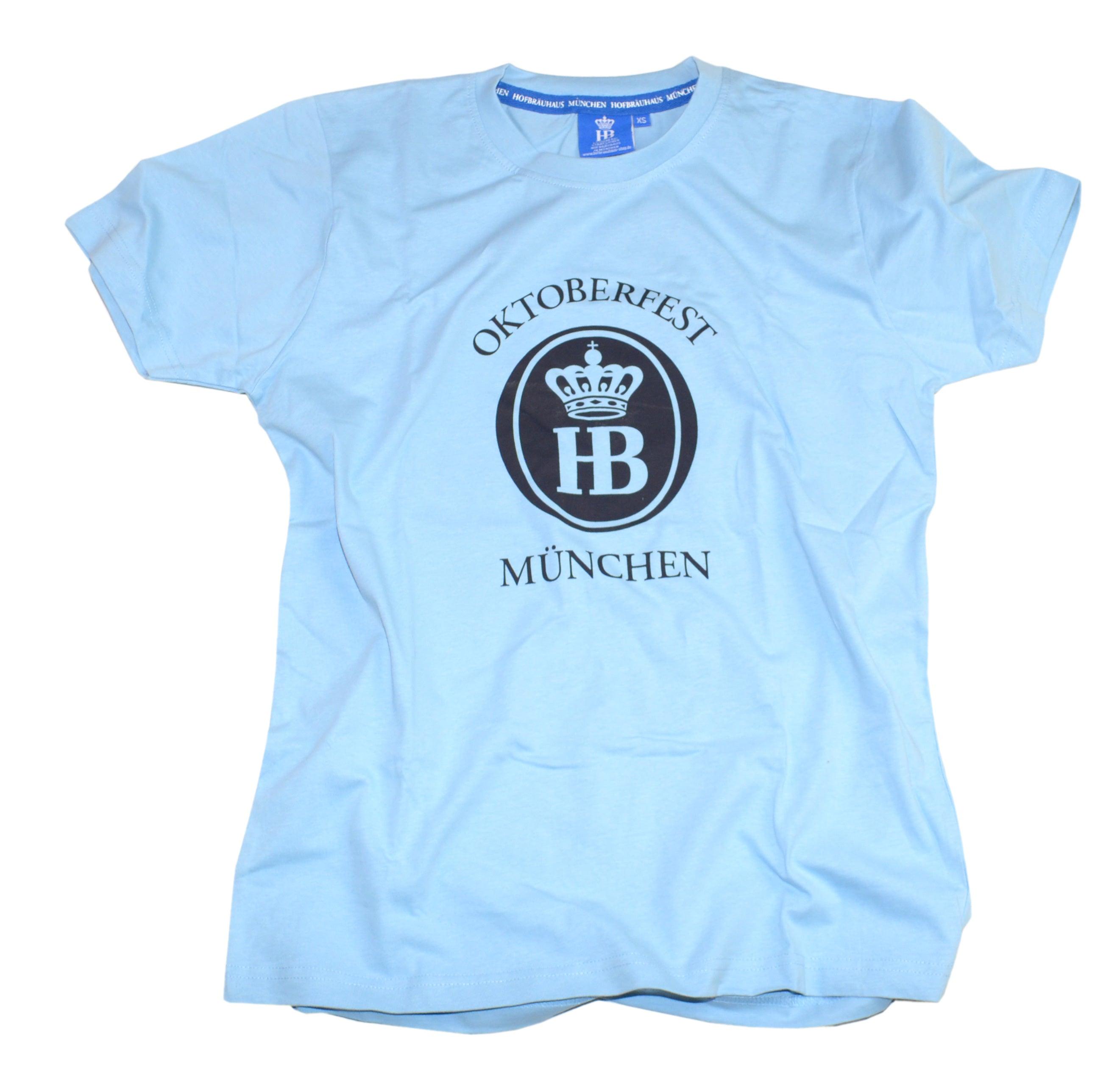 Hellblaues T-Shirt mit Hofbräu-Logo, Aufdruck "Oktoberfest München" und klassischem Rundhalsausschnitt.