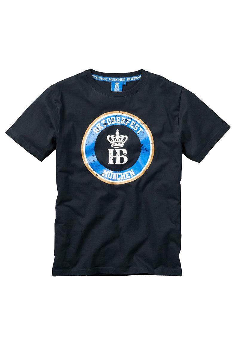 Dunkelblaues T-Shirt mit Vintage-Print „Oktoberfest München“ und HB Logo auf der Brust, Baumwollmaterial.